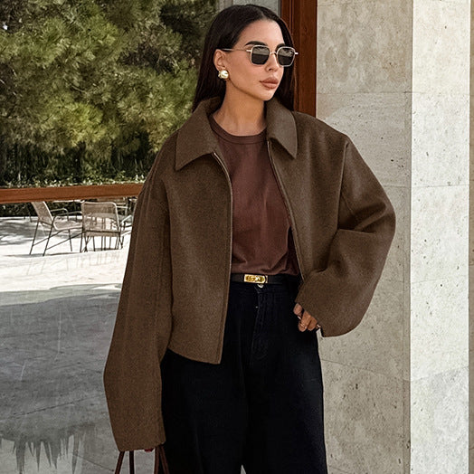 Autumn Winter Polo Collar Long Sleeve Zipper Woolen Coat Loose Casual Women Jacket - ALTARIA