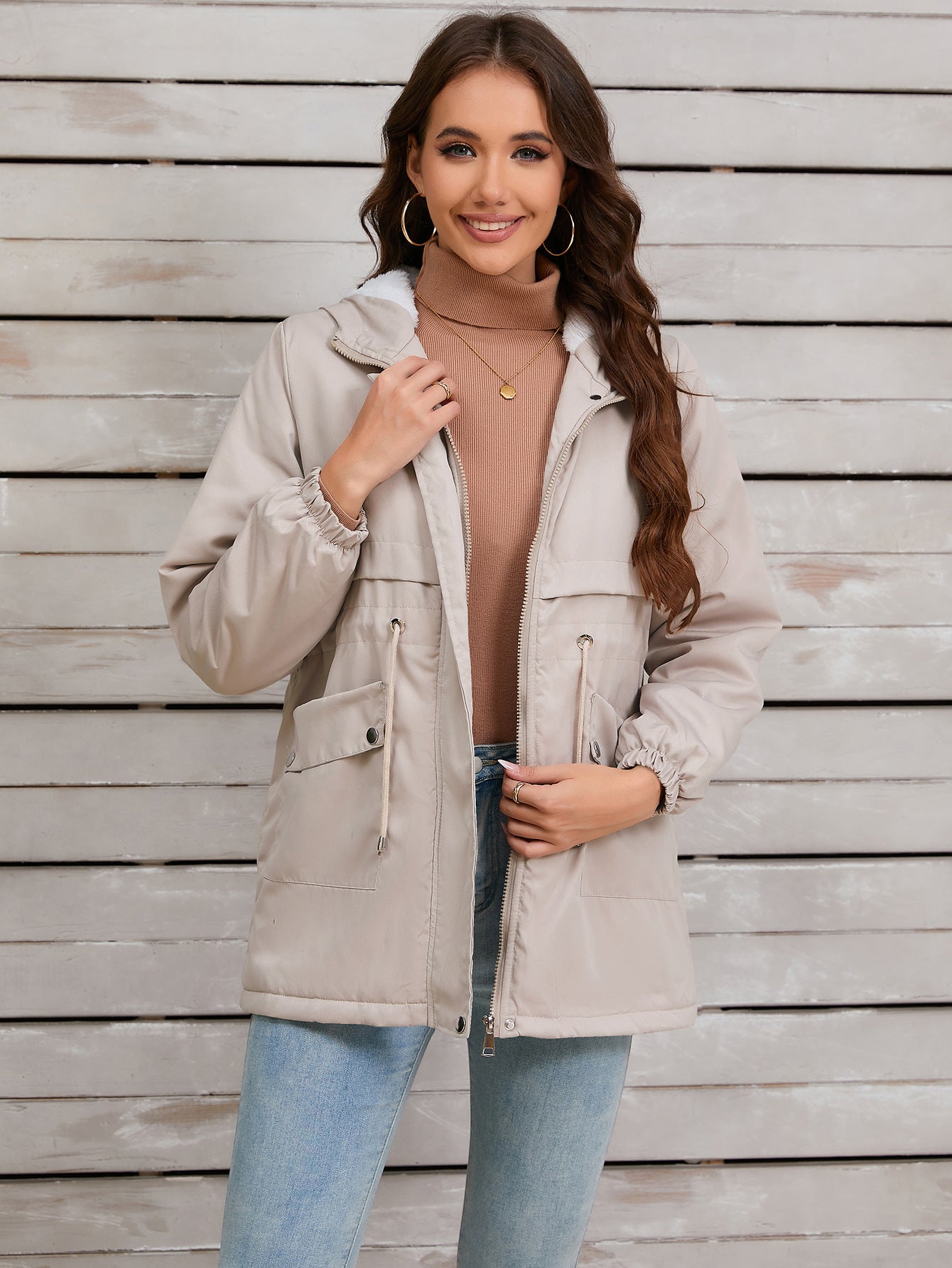 Women Explosive Fur Liner Hooded Zipper Coat Autumn Winter Warm Thickening Shell Jacket - ALTARIA