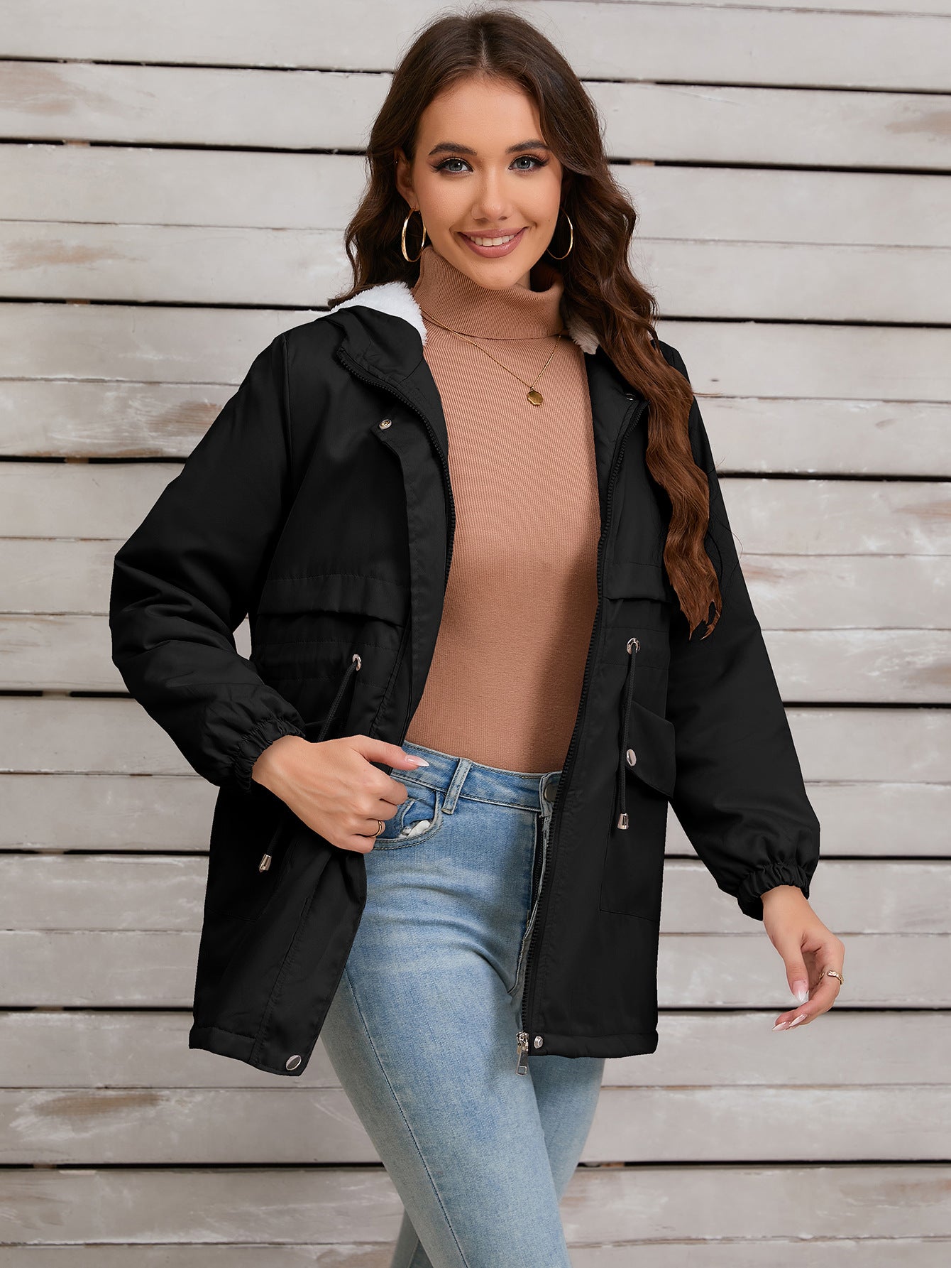 Women Explosive Fur Liner Hooded Zipper Coat Autumn Winter Warm Thickening Shell Jacket - ALTARIA