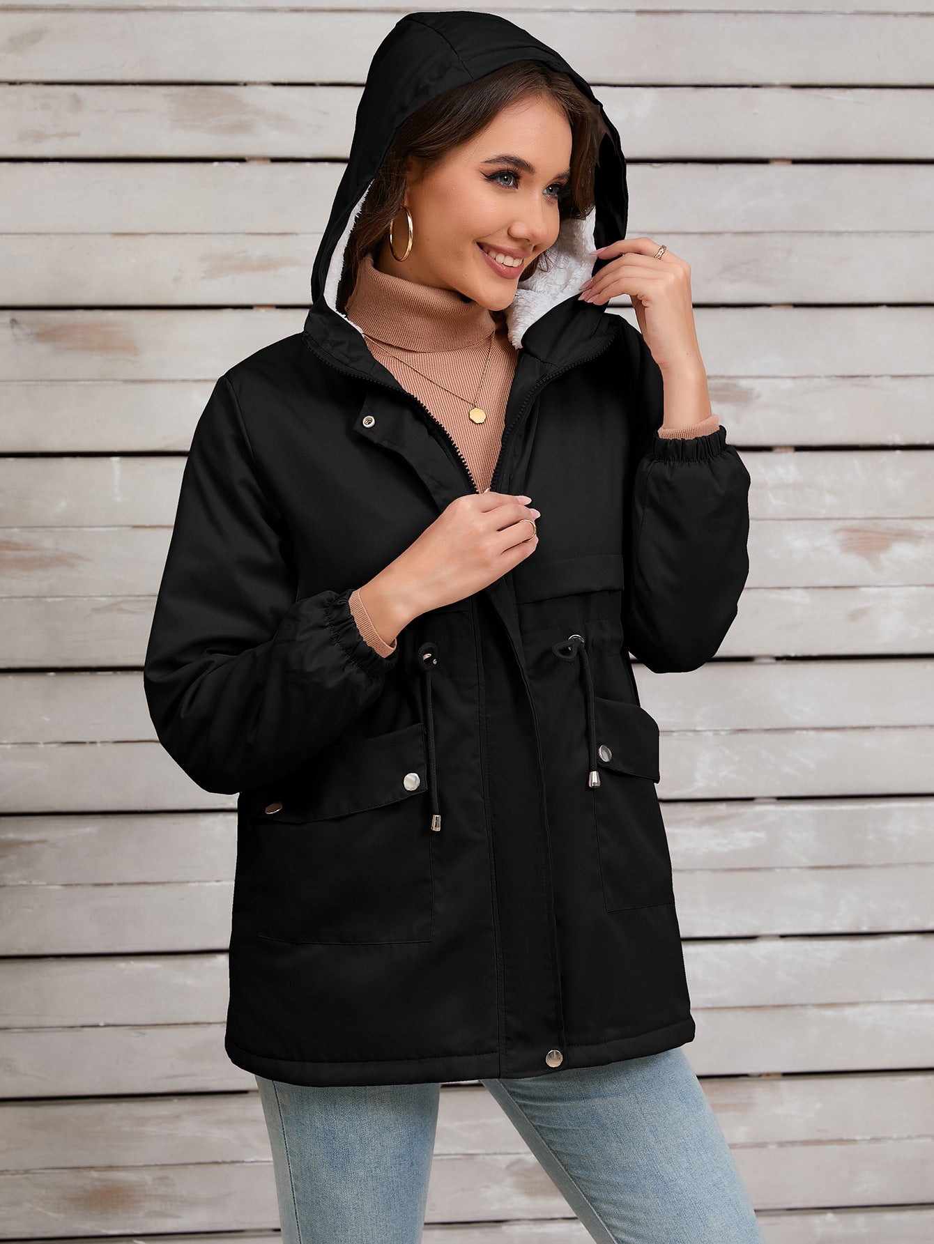 Women Explosive Fur Liner Hooded Zipper Coat Autumn Winter Warm Thickening Shell Jacket - ALTARIA
