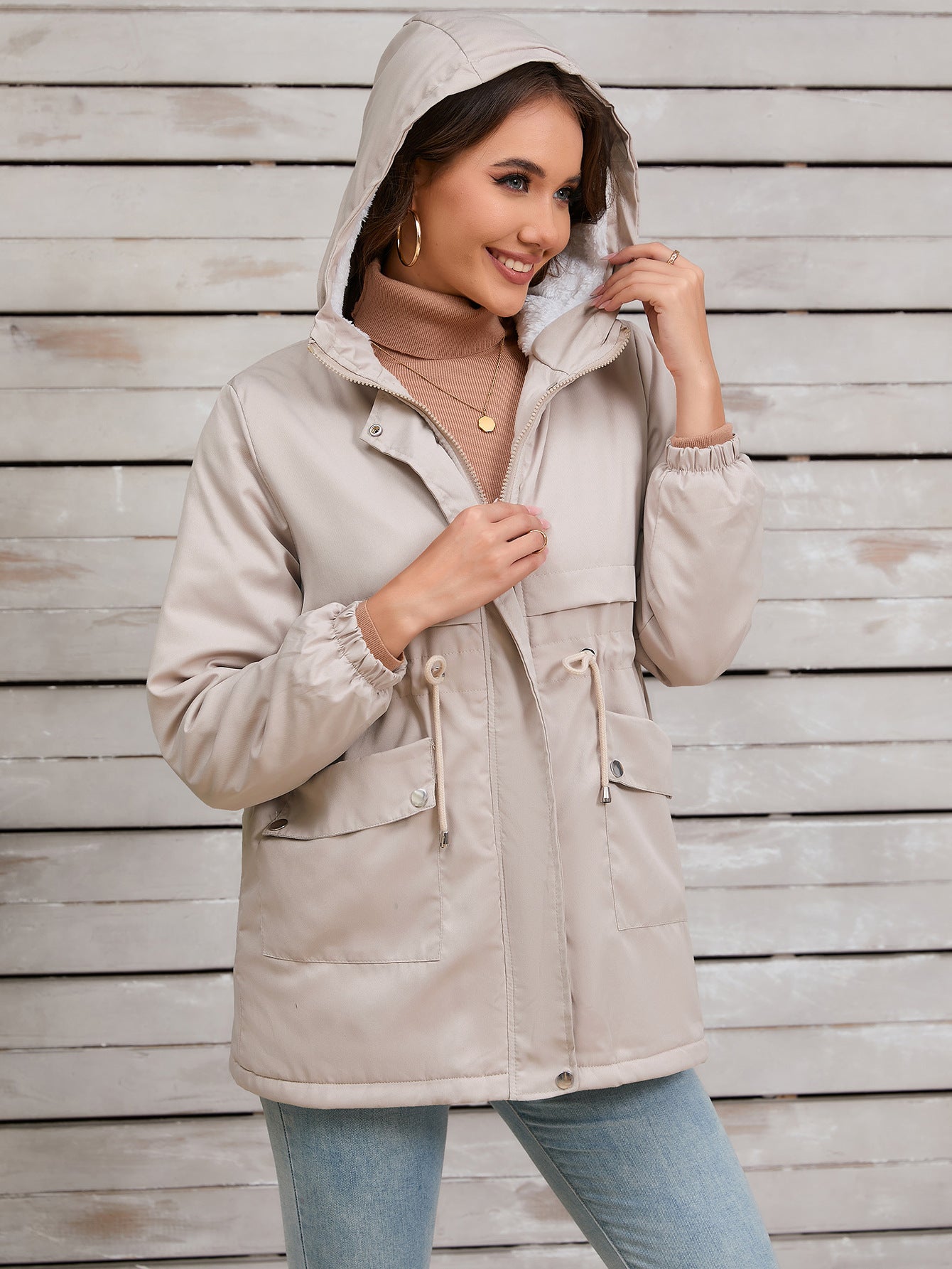 Women Explosive Fur Liner Hooded Zipper Coat Autumn Winter Warm Thickening Shell Jacket - ALTARIA