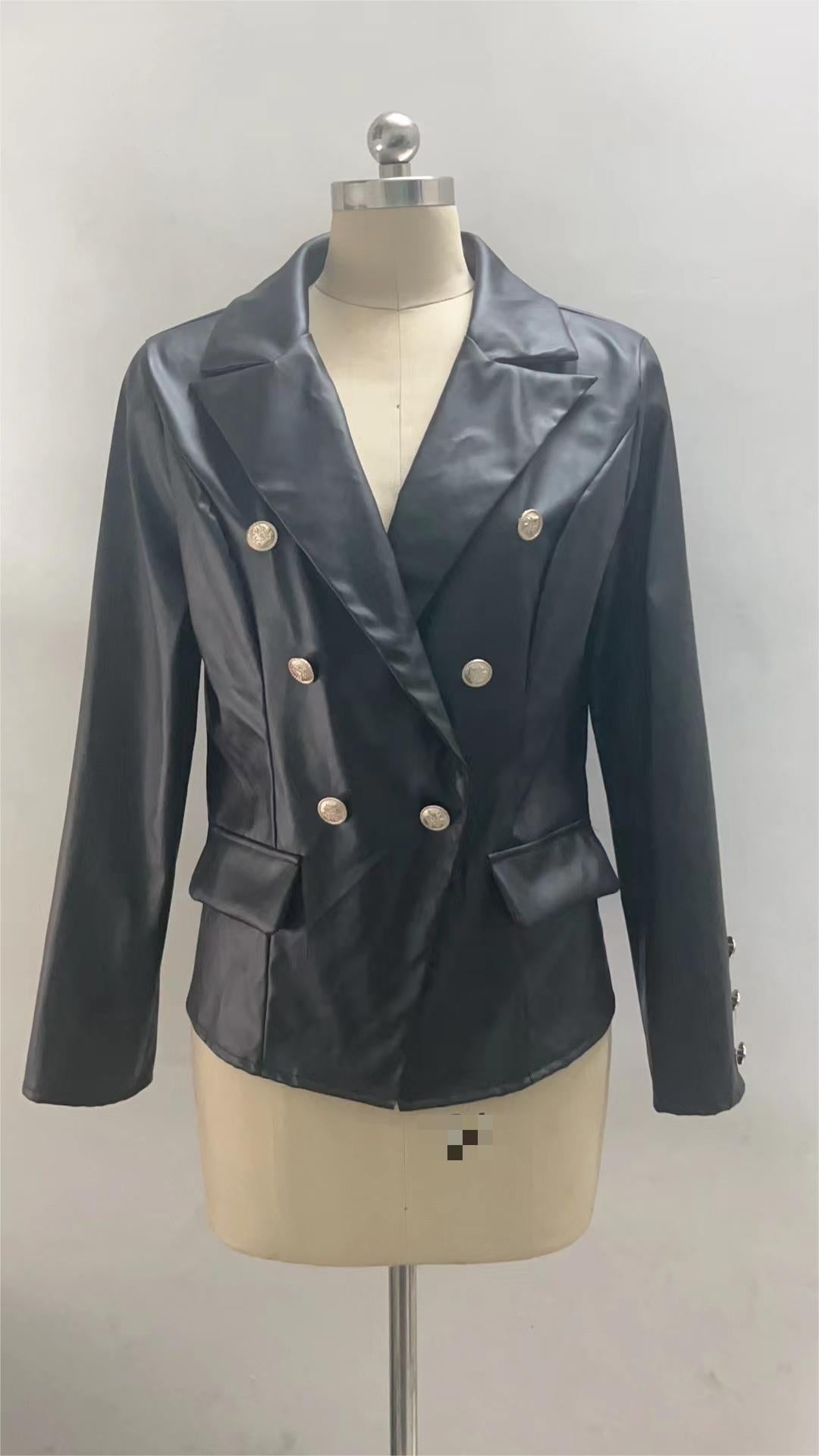 New Long Sleeve Double Breasted Fashionable Faux Leather Jacket - ALTARIA