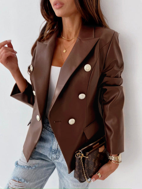 New Long Sleeve Double Breasted Fashionable Faux Leather Jacket - ALTARIA