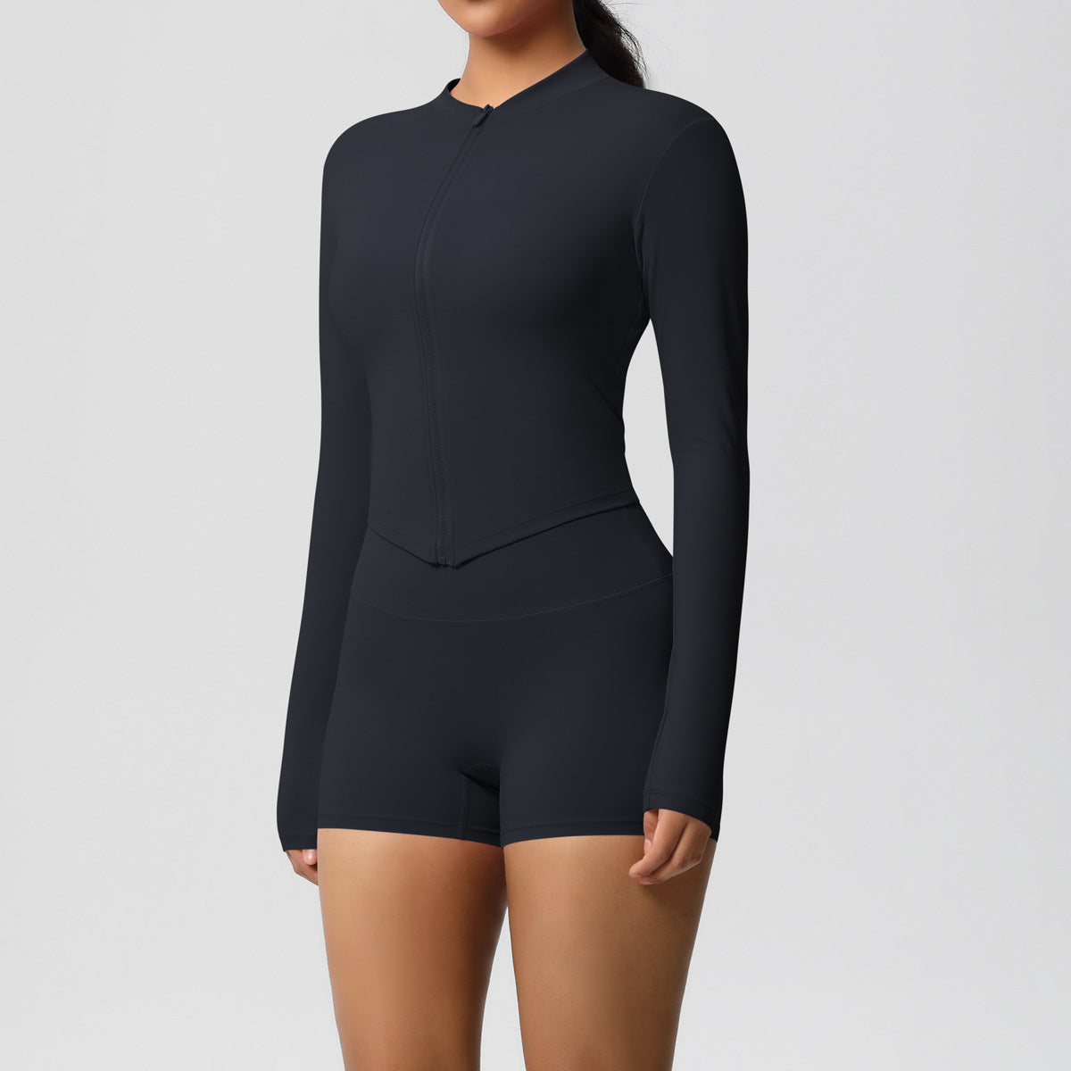 Brushed Nude Feel Slim Shorts Yoga Long Sleeve Zipper Breathable Fitness Running Training Set - ALTARIA