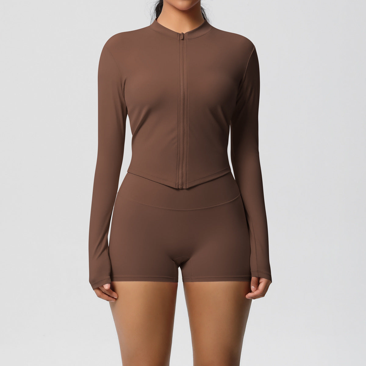 Brushed Nude Feel Slim Shorts Yoga Long Sleeve Zipper Breathable Fitness Running Training Set - ALTARIA