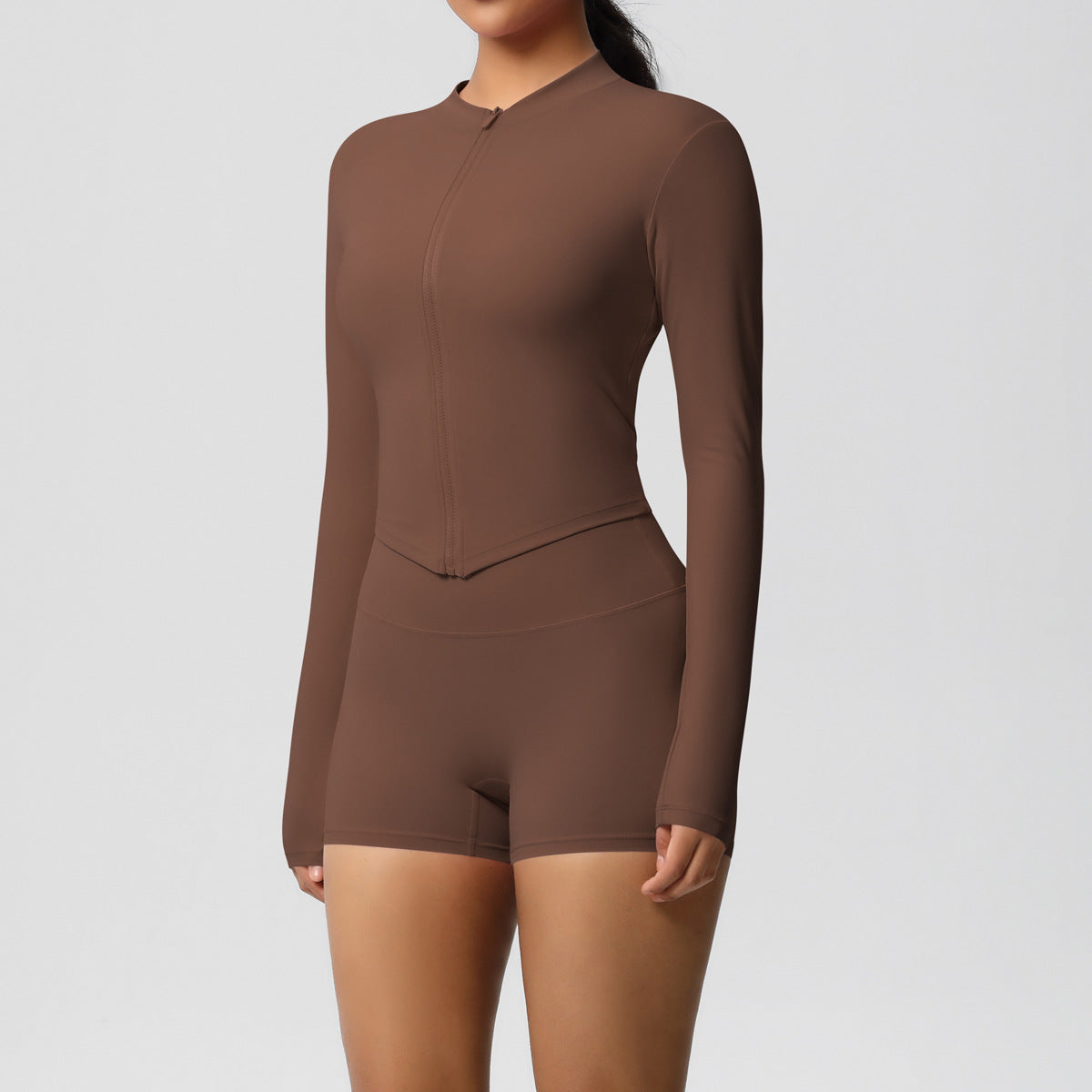 Brushed Nude Feel Slim Shorts Yoga Long Sleeve Zipper Breathable Fitness Running Training Set - ALTARIA