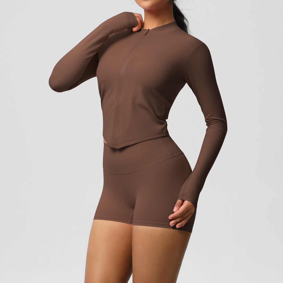 Brushed Nude Feel Slim Shorts Yoga Long Sleeve Zipper Breathable Fitness Running Training Set - ALTARIA