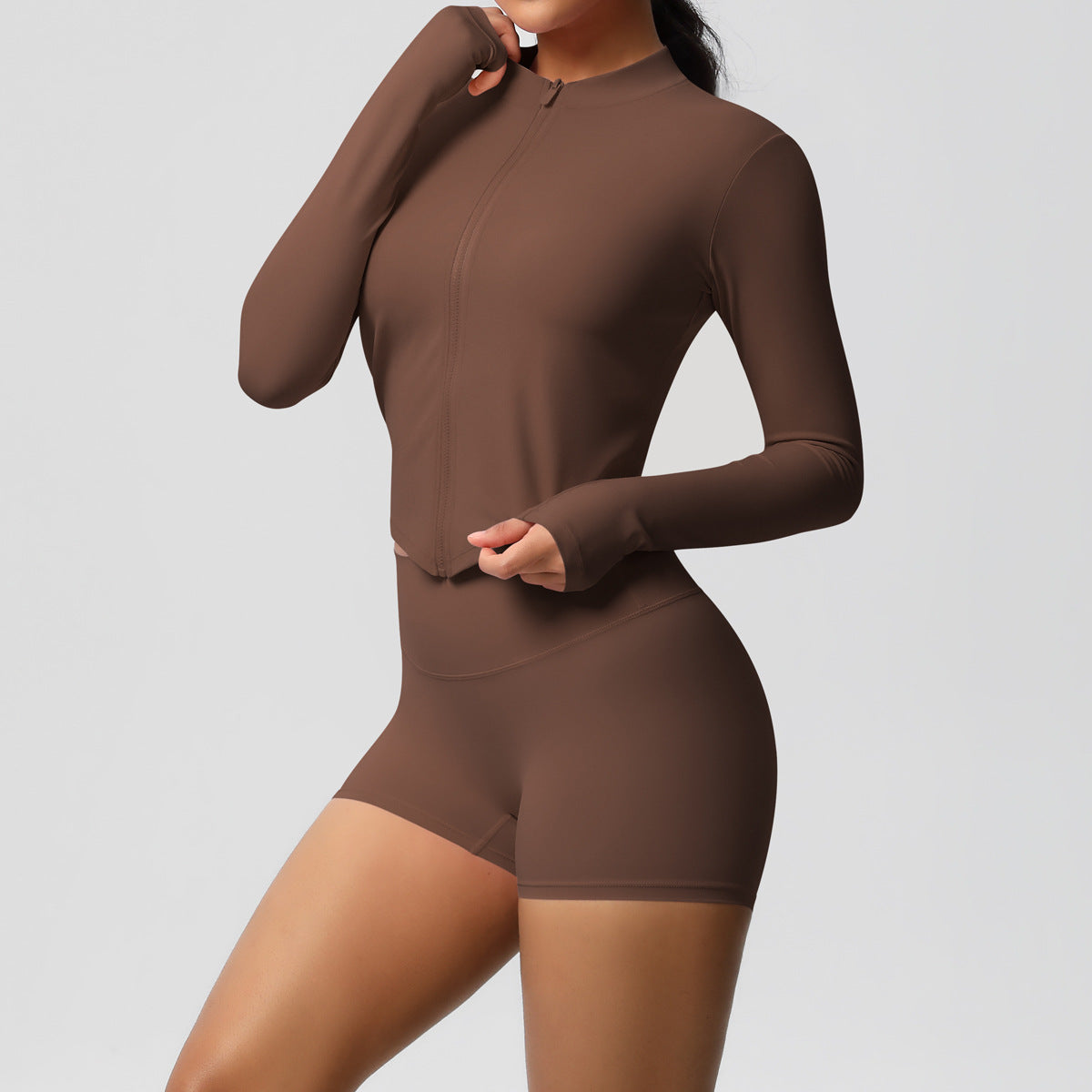 Brushed Nude Feel Slim Shorts Yoga Long Sleeve Zipper Breathable Fitness Running Training Set - ALTARIA