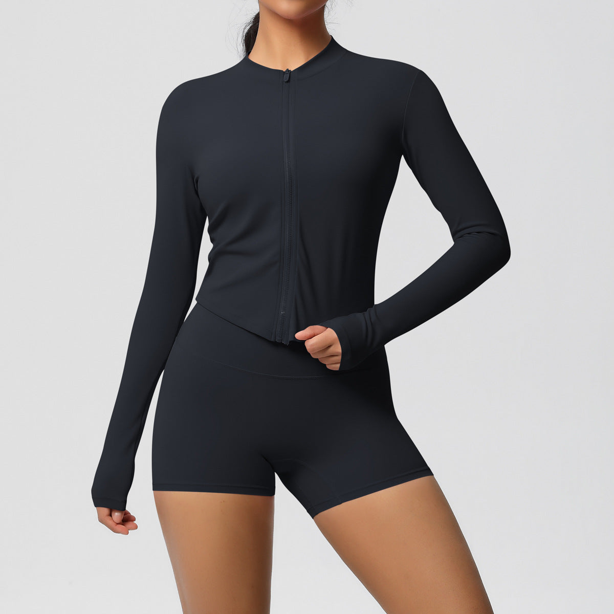 Brushed Nude Feel Slim Shorts Yoga Long Sleeve Zipper Breathable Fitness Running Training Set - ALTARIA