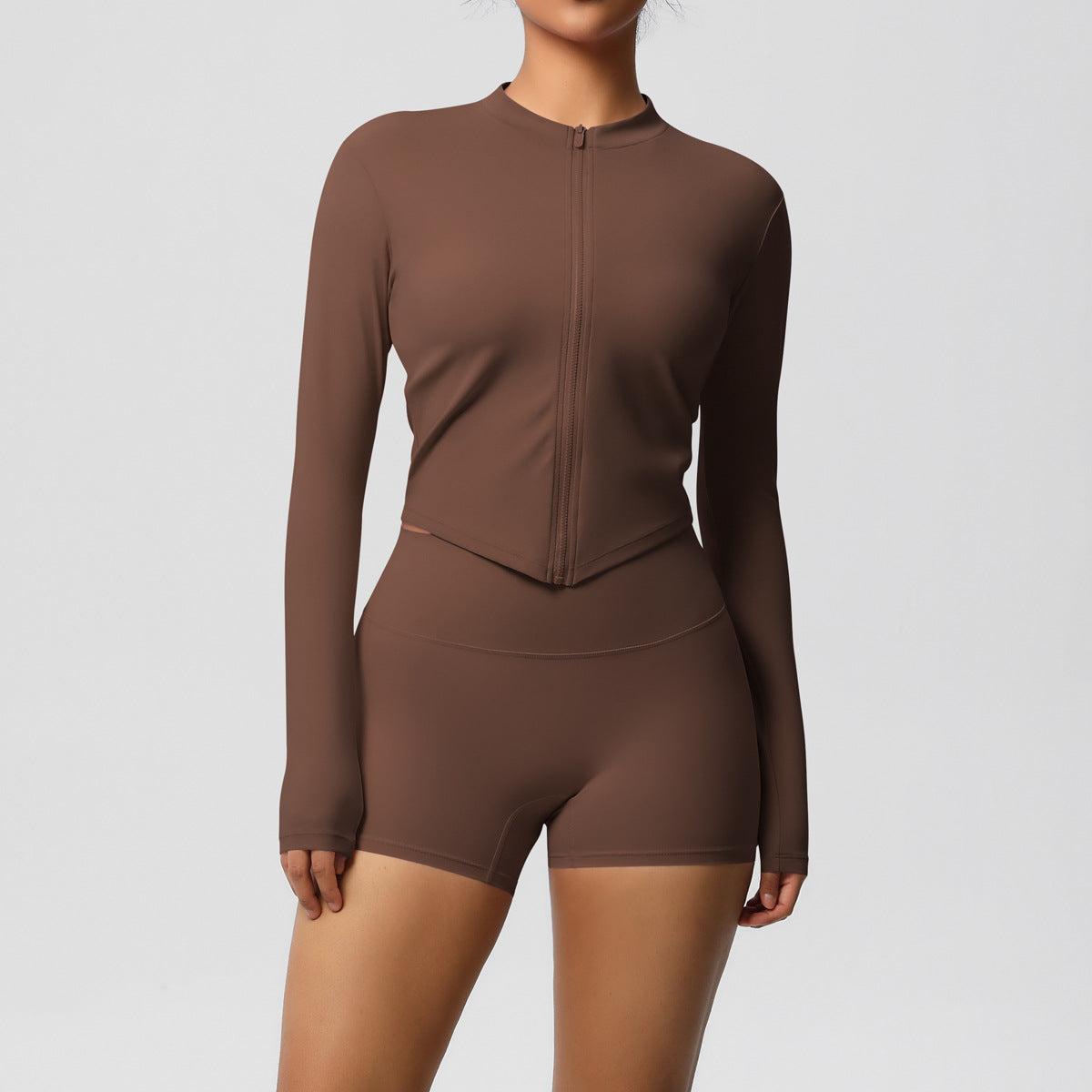Brushed Nude Feel Slim Shorts Yoga Long Sleeve Zipper Breathable Fitness Running Training Set - ALTARIA