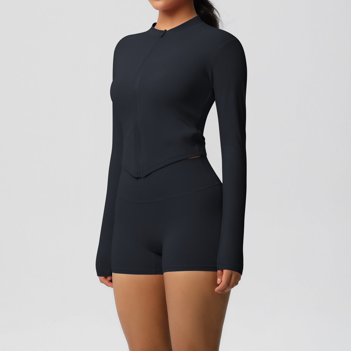 Brushed Nude Feel Slim Shorts Yoga Long Sleeve Zipper Breathable Fitness Running Training Set - ALTARIA