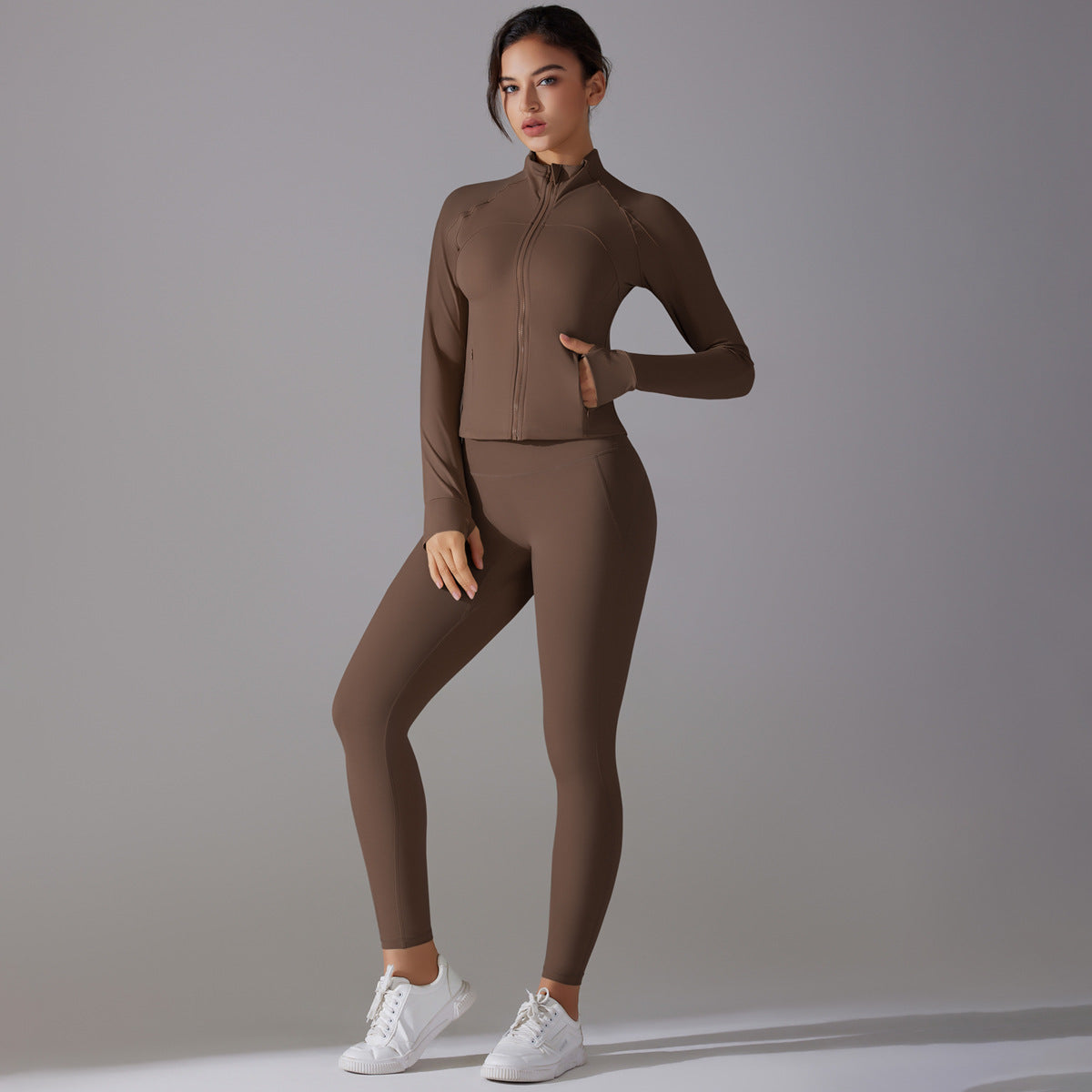 Celebrity Yoga Clothes Trendy Push up Long Sleeve Solid Color Slim Elastic Zipper Workout Clothes Running Training Sports Set - ALTARIA