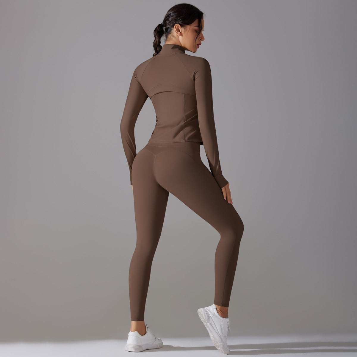 Celebrity Yoga Clothes Trendy Push up Long Sleeve Solid Color Slim Elastic Zipper Workout Clothes Running Training Sports Set - ALTARIA