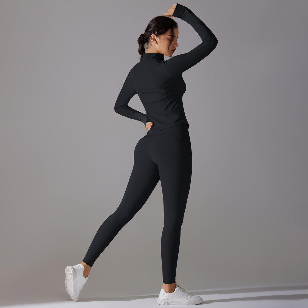 Celebrity Yoga Clothes Trendy Push up Long Sleeve Solid Color Slim Elastic Zipper Workout Clothes Running Training Sports Set - ALTARIA