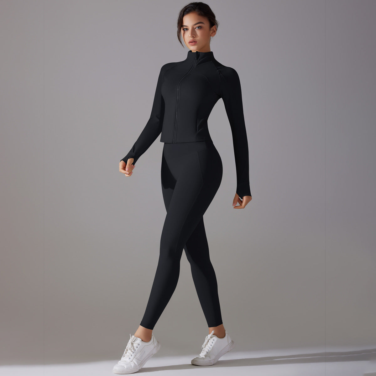 Celebrity Yoga Clothes Trendy Push up Long Sleeve Solid Color Slim Elastic Zipper Workout Clothes Running Training Sports Set - ALTARIA