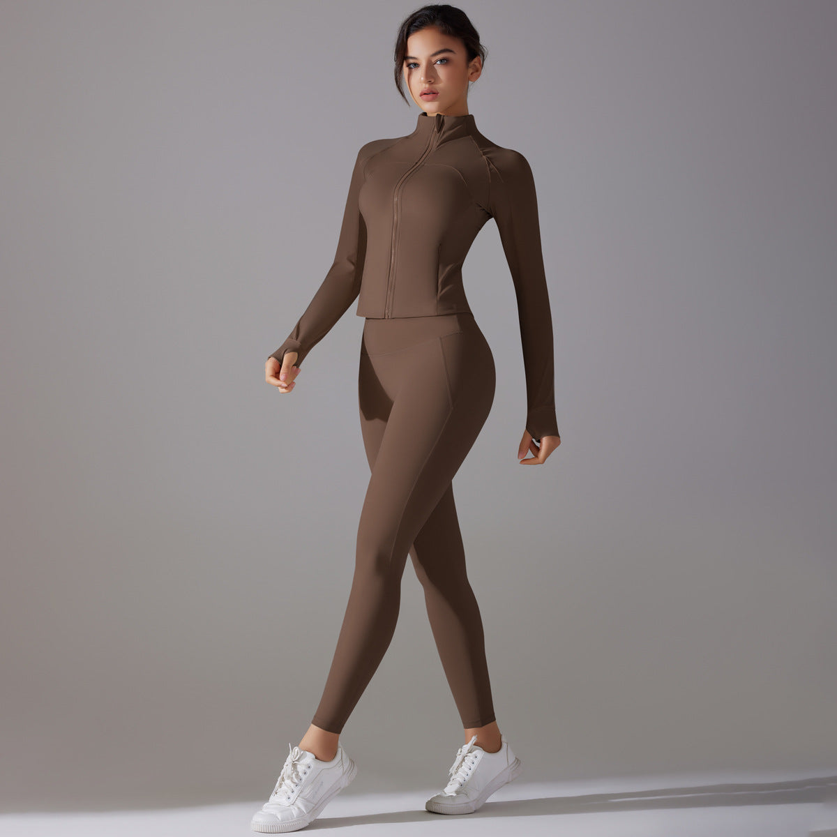 Celebrity Yoga Clothes Trendy Push up Long Sleeve Solid Color Slim Elastic Zipper Workout Clothes Running Training Sports Set - ALTARIA