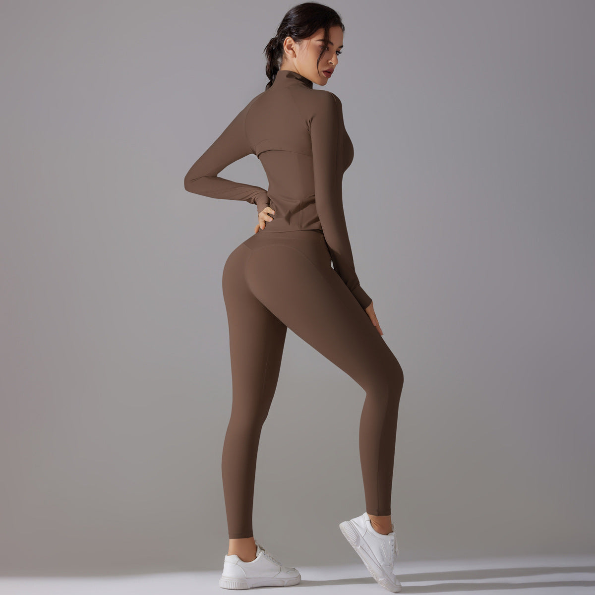 Celebrity Yoga Clothes Trendy Push up Long Sleeve Solid Color Slim Elastic Zipper Workout Clothes Running Training Sports Set - ALTARIA