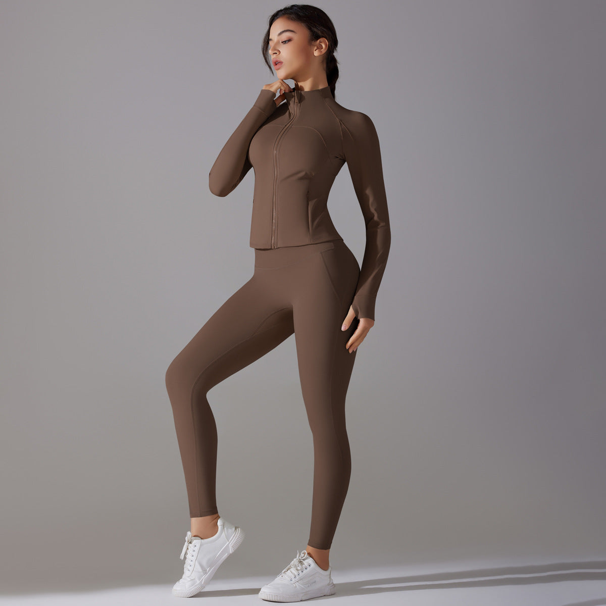 Celebrity Yoga Clothes Trendy Push up Long Sleeve Solid Color Slim Elastic Zipper Workout Clothes Running Training Sports Set - ALTARIA