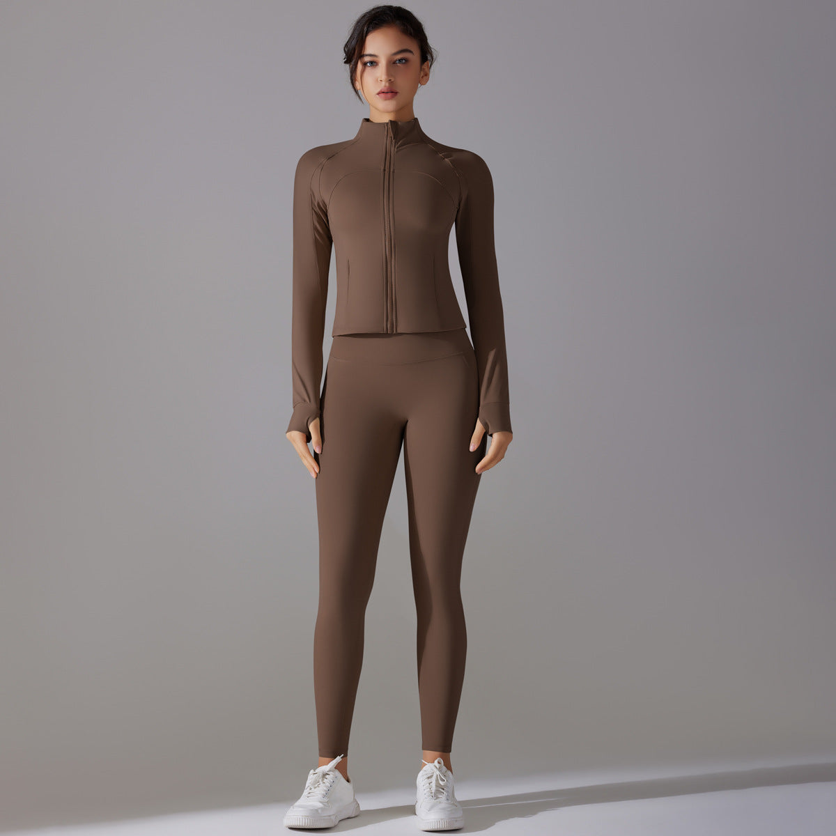 Celebrity Yoga Clothes Trendy Push up Long Sleeve Solid Color Slim Elastic Zipper Workout Clothes Running Training Sports Set - ALTARIA