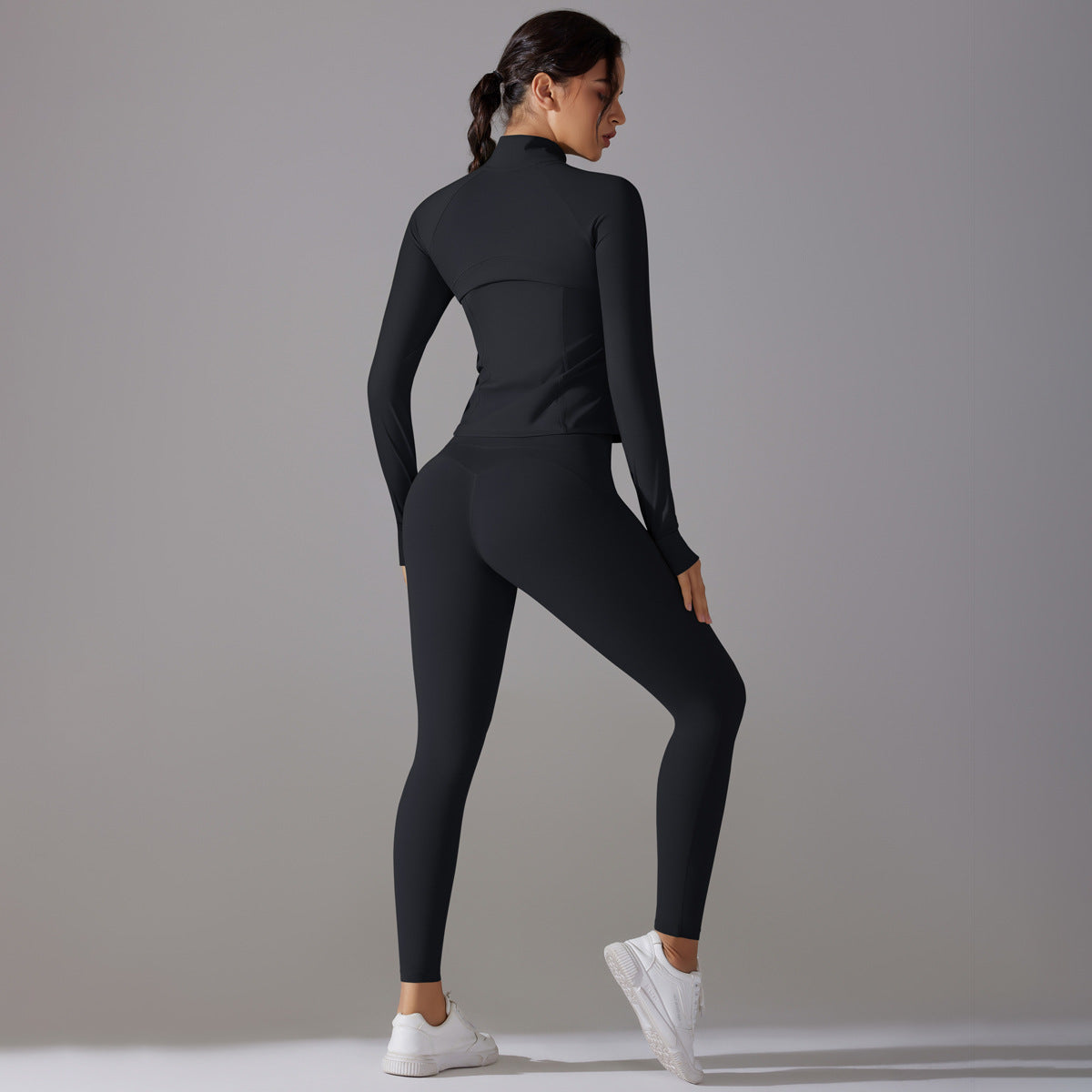 Celebrity Yoga Clothes Trendy Push up Long Sleeve Solid Color Slim Elastic Zipper Workout Clothes Running Training Sports Set - ALTARIA