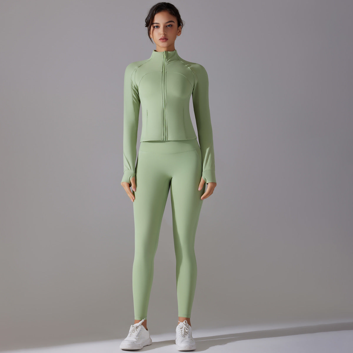 Celebrity Yoga Clothes Trendy Push up Long Sleeve Solid Color Slim Elastic Zipper Workout Clothes Running Training Sports Set - ALTARIA