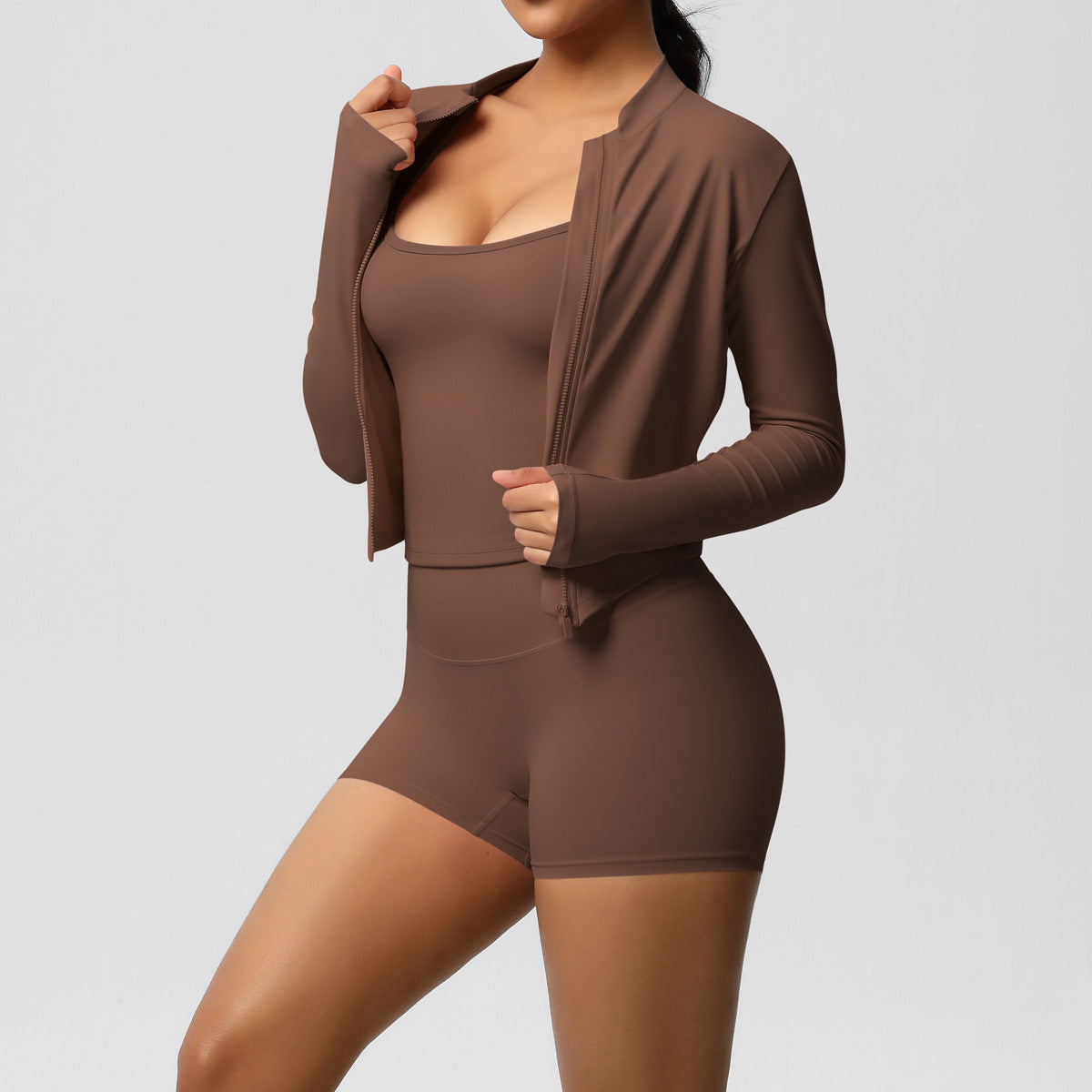 Nude Feel Tight Braces Vest Yoga Clothes Quick-Drying Sports Shorts Zipper Fitness Clothes Three Piece Set for Women - ALTARIA