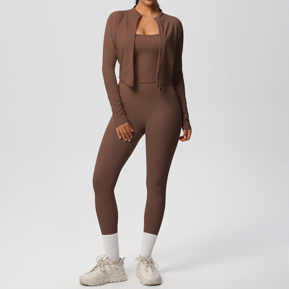 Skinny Yoga Pants High Waist Nude Feel Camisole Sports Zip Long Sleeve Coat Workout Clothes Three Piece Set - ALTARIA