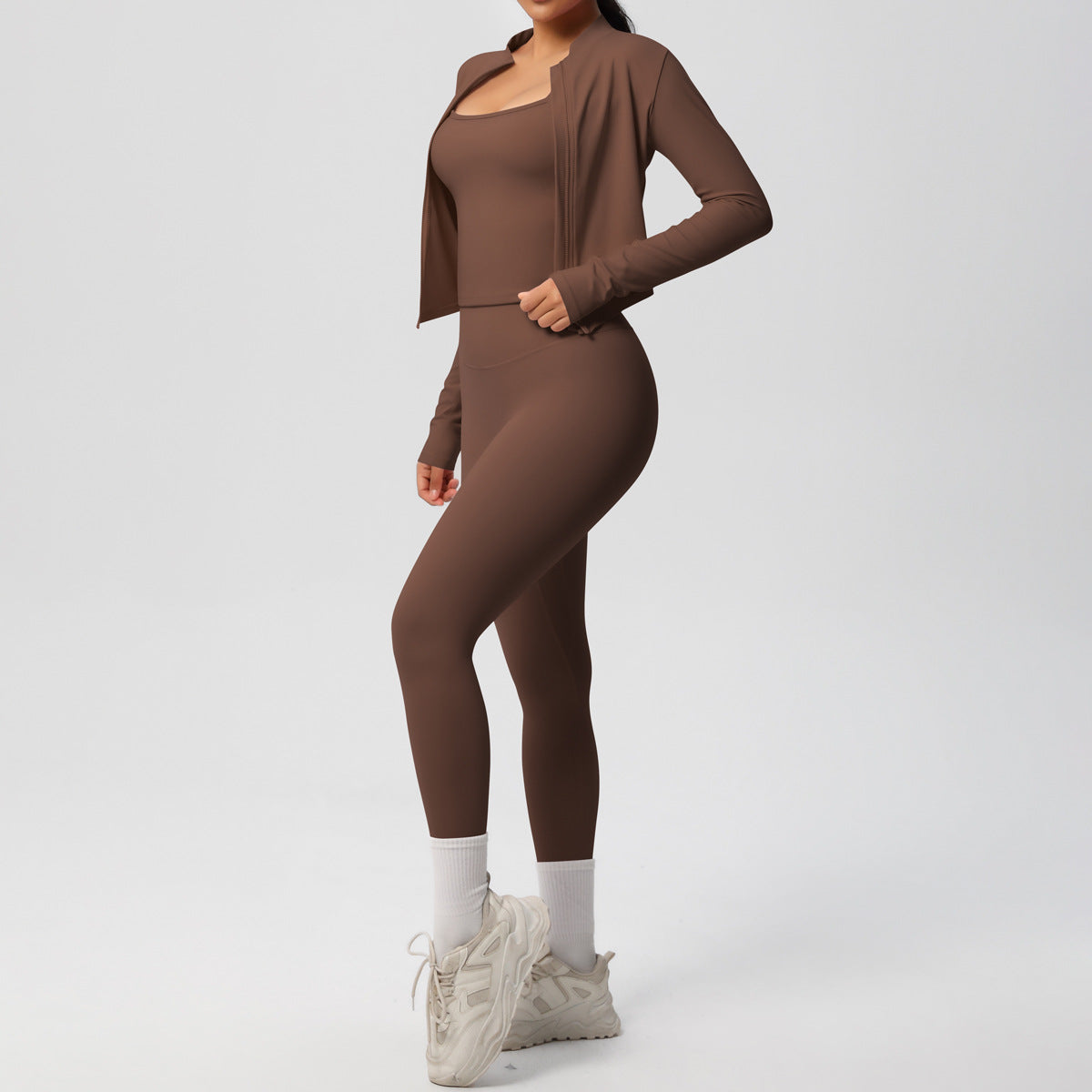 Skinny Yoga Pants High Waist Nude Feel Camisole Sports Zip Long Sleeve Coat Workout Clothes Three Piece Set - ALTARIA