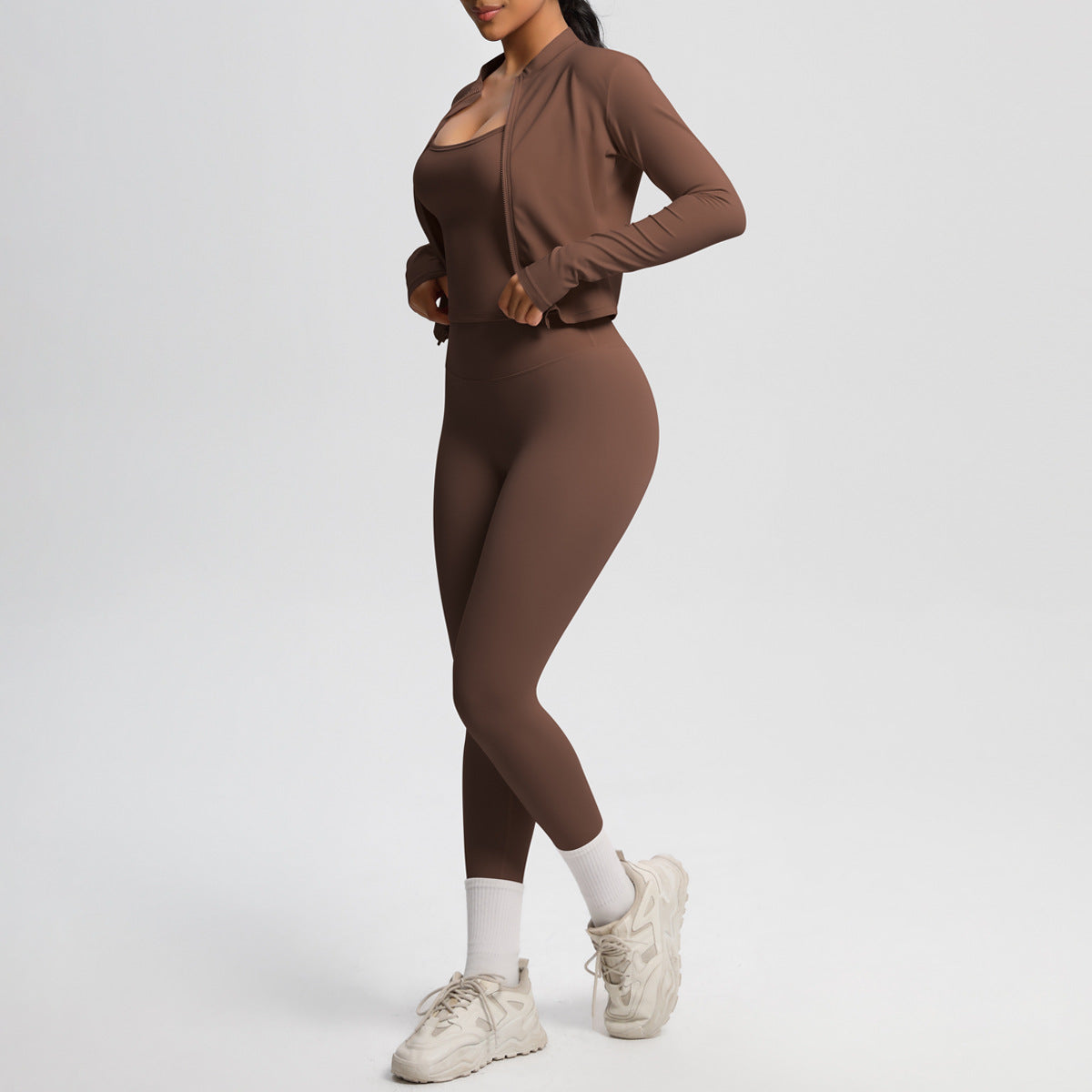 Skinny Yoga Pants High Waist Nude Feel Camisole Sports Zip Long Sleeve Coat Workout Clothes Three Piece Set - ALTARIA