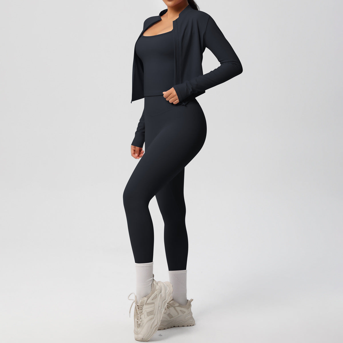 Skinny Yoga Pants High Waist Nude Feel Camisole Sports Zip Long Sleeve Coat Workout Clothes Three Piece Set - ALTARIA