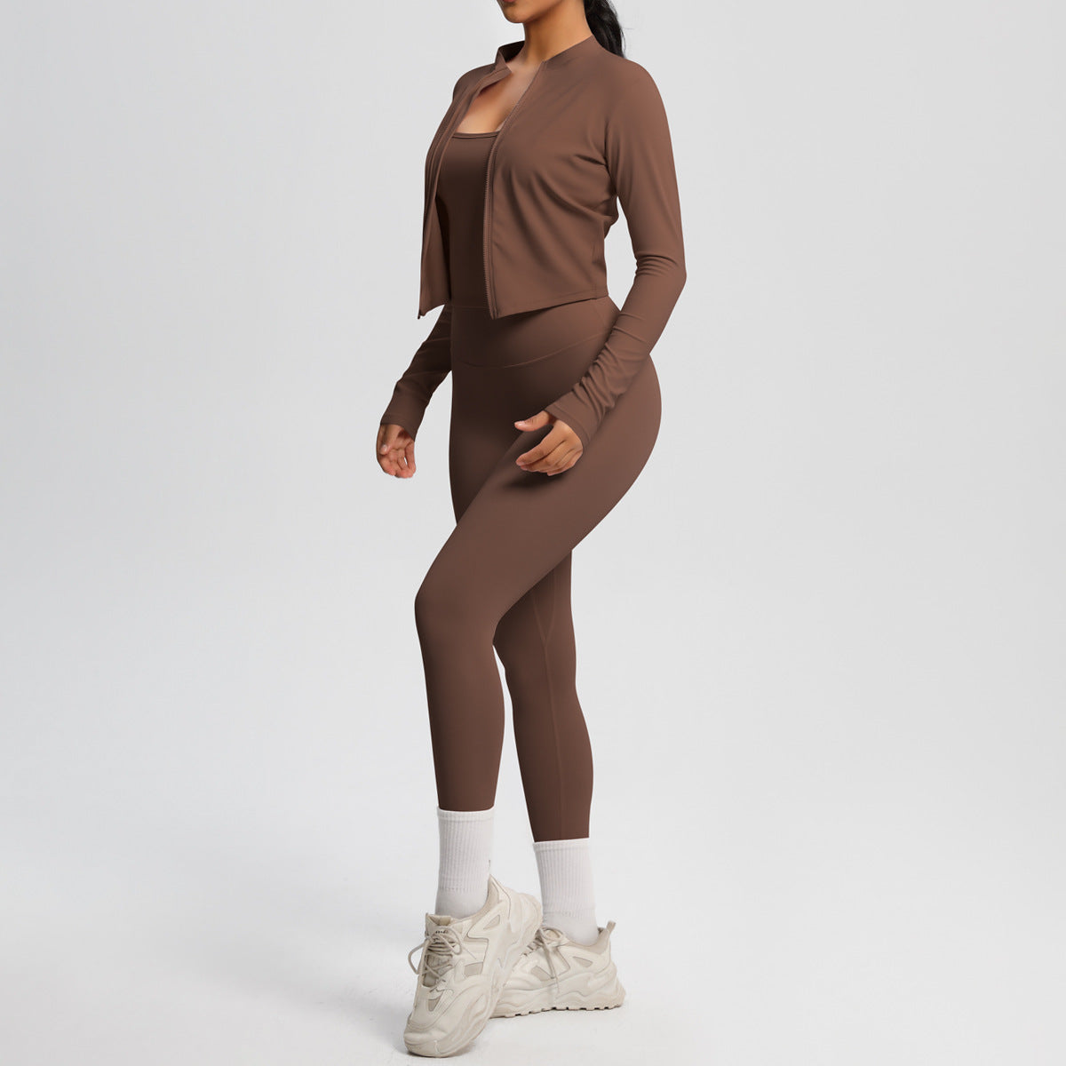 Skinny Yoga Pants High Waist Nude Feel Camisole Sports Zip Long Sleeve Coat Workout Clothes Three Piece Set - ALTARIA