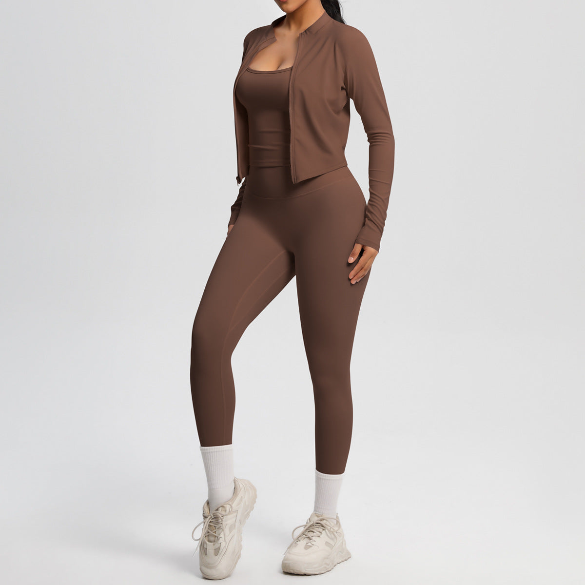 Skinny Yoga Pants High Waist Nude Feel Camisole Sports Zip Long Sleeve Coat Workout Clothes Three Piece Set - ALTARIA