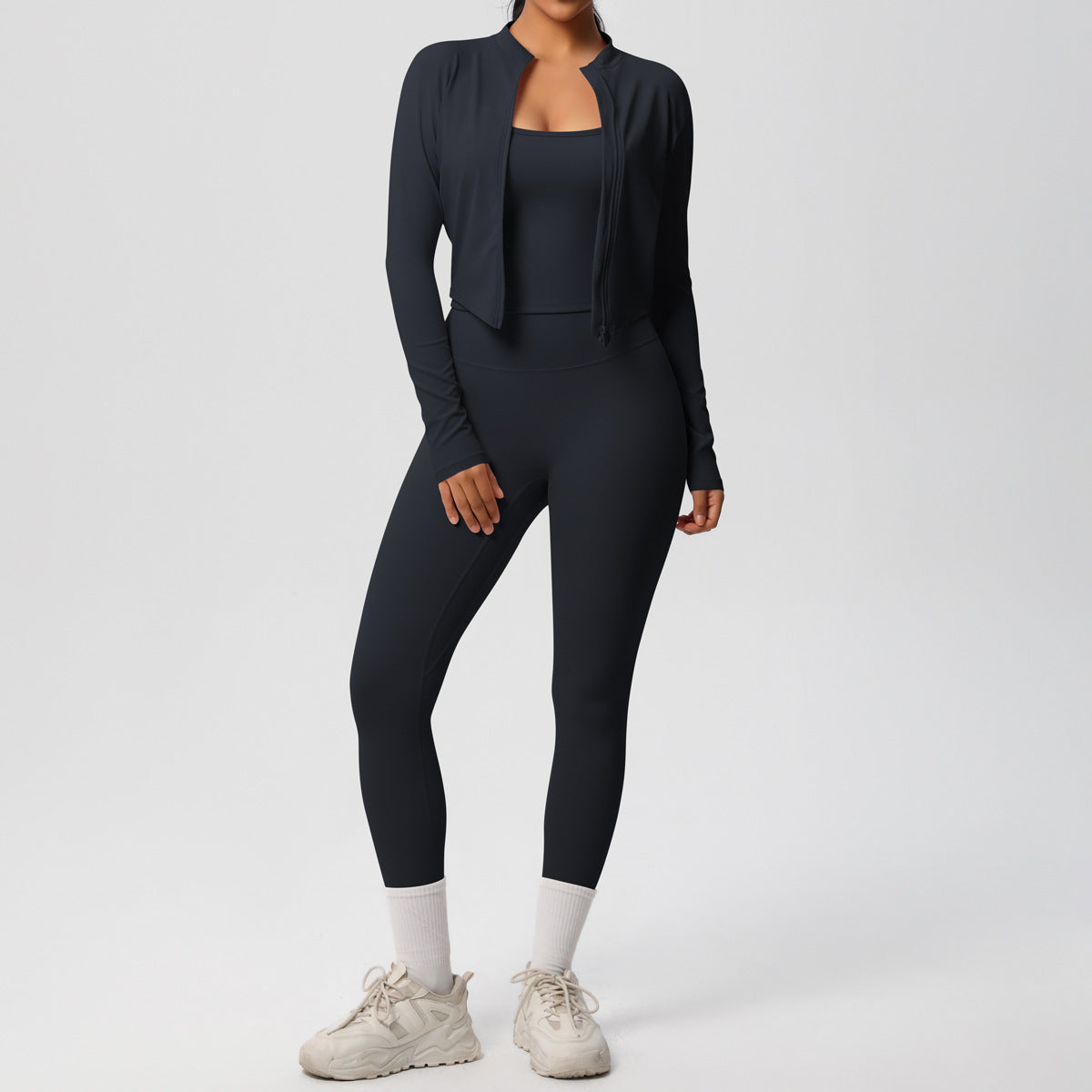 Skinny Yoga Pants High Waist Nude Feel Camisole Sports Zip Long Sleeve Coat Workout Clothes Three Piece Set - ALTARIA