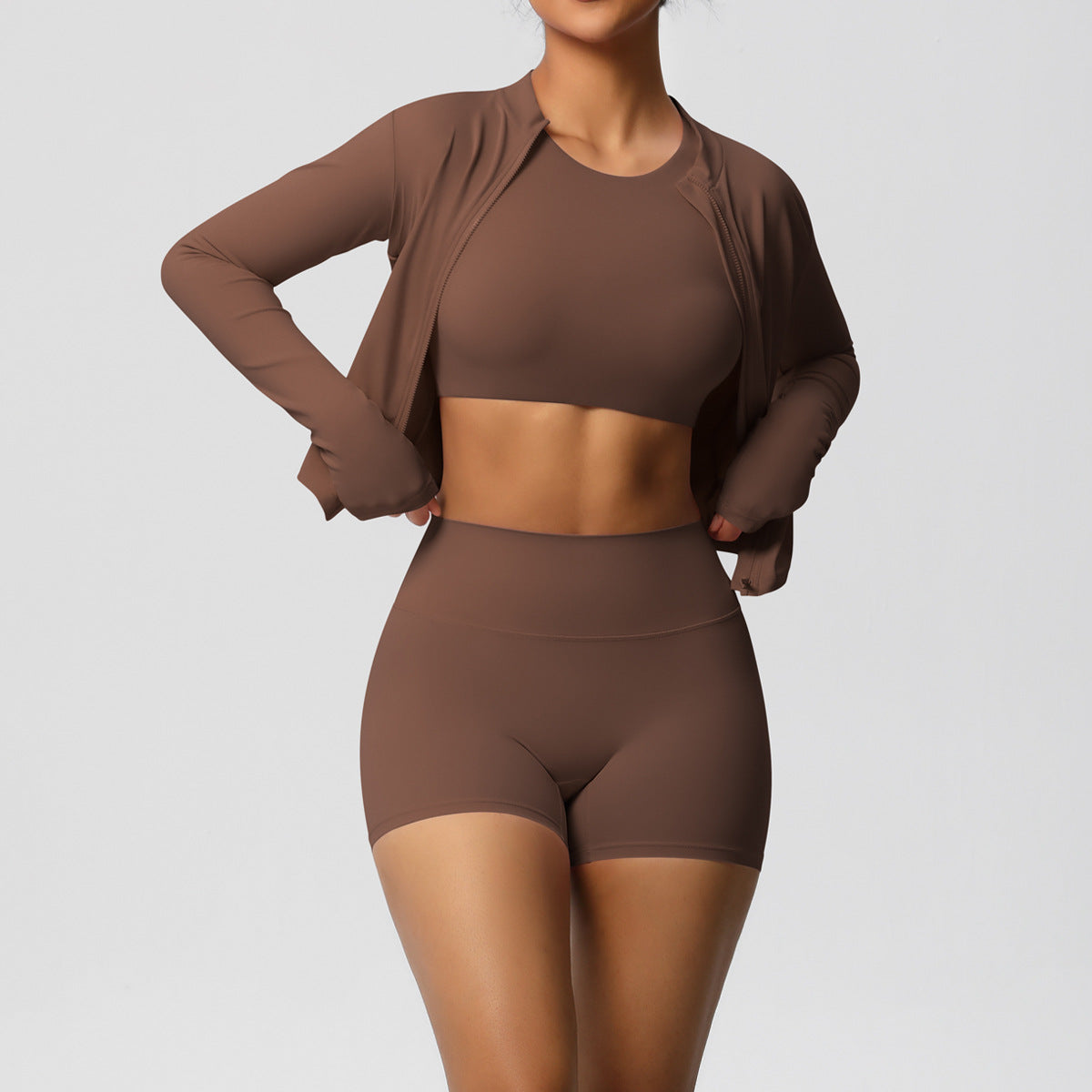 Sports Casual Yoga Clothes Nude Feel Long Sleeve Zipper Jacket Sports Shorts Fitness Clothes Three Piece Set for Women - ALTARIA