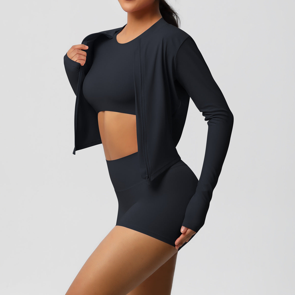 Sports Casual Yoga Clothes Nude Feel Long Sleeve Zipper Jacket Sports Shorts Fitness Clothes Three Piece Set for Women - ALTARIA