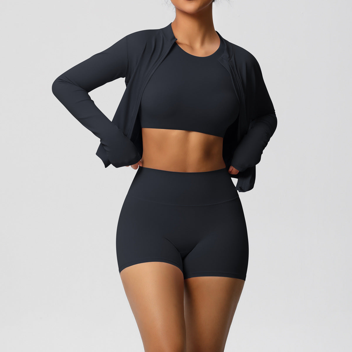 Sports Casual Yoga Clothes Nude Feel Long Sleeve Zipper Jacket Sports Shorts Fitness Clothes Three Piece Set for Women - ALTARIA