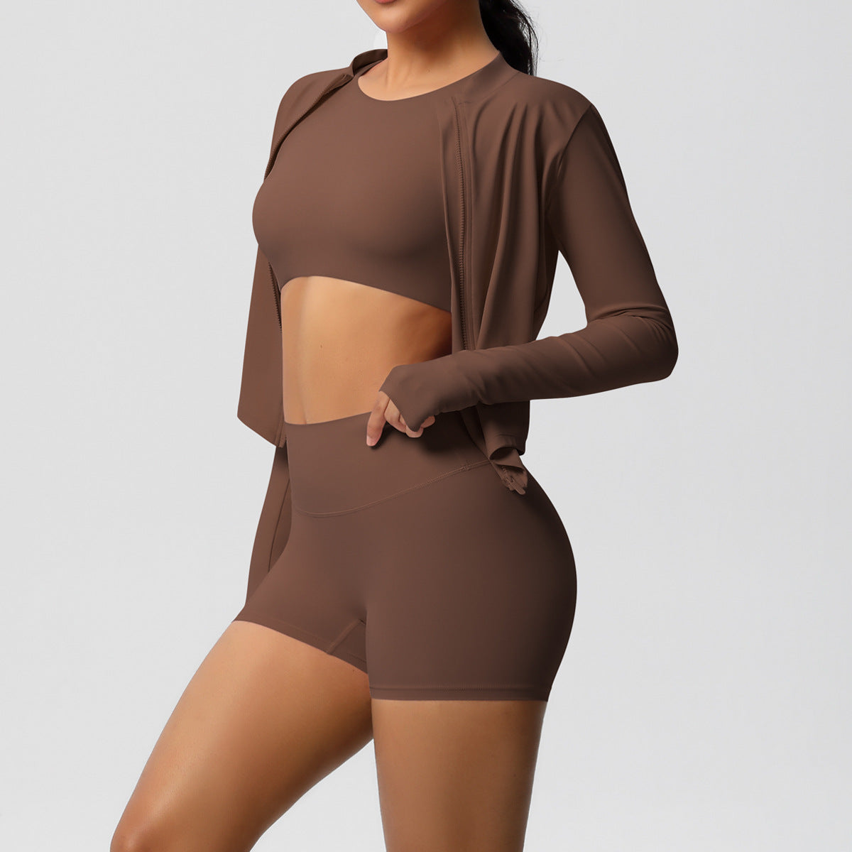 Sports Casual Yoga Clothes Nude Feel Long Sleeve Zipper Jacket Sports Shorts Fitness Clothes Three Piece Set for Women - ALTARIA