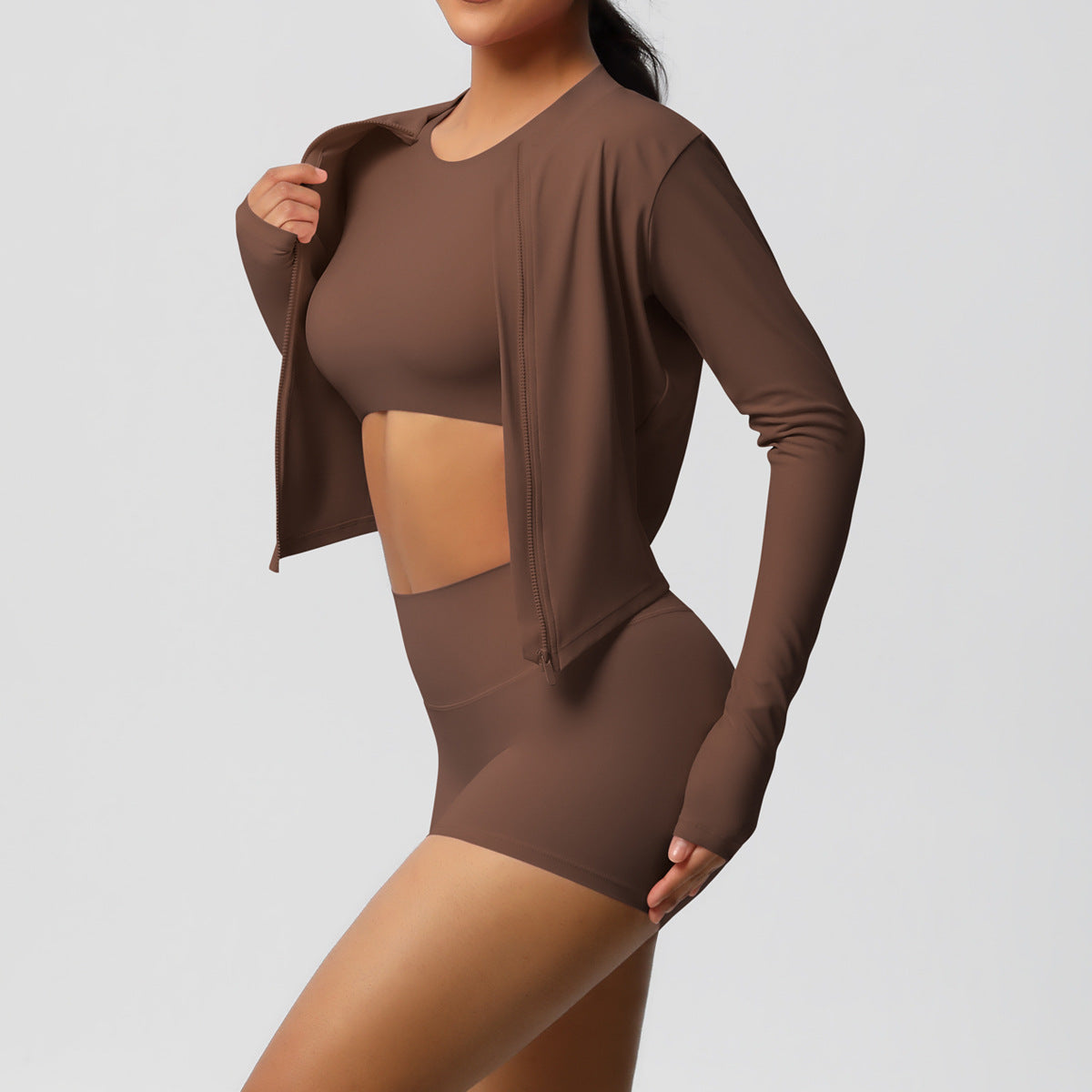Sports Casual Yoga Clothes Nude Feel Long Sleeve Zipper Jacket Sports Shorts Fitness Clothes Three Piece Set for Women - ALTARIA