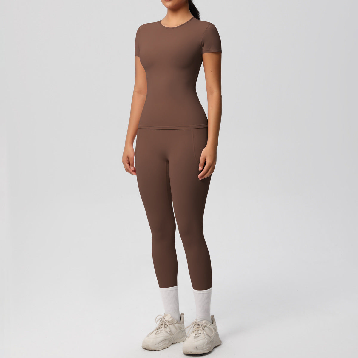 Yoga Dungarees Solid Color Short Sleeve Skin Friendly Breathable Tight Sports Short Sleeve Slimming Fitness Set Women - ALTARIA