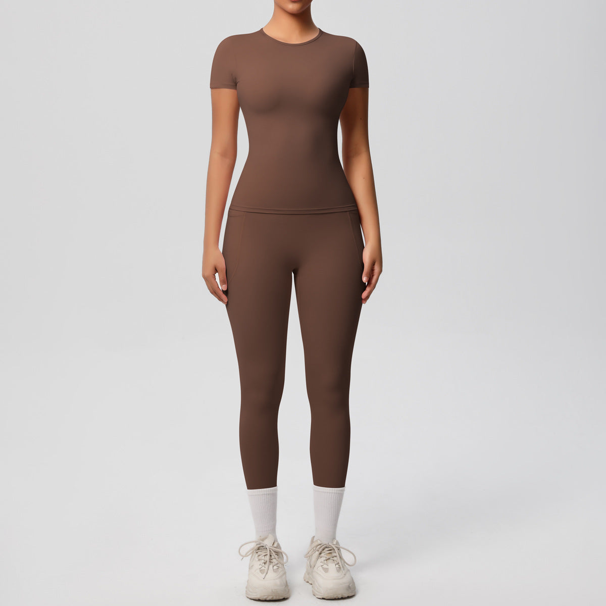 Yoga Dungarees Solid Color Short Sleeve Skin Friendly Breathable Tight Sports Short Sleeve Slimming Fitness Set Women - ALTARIA