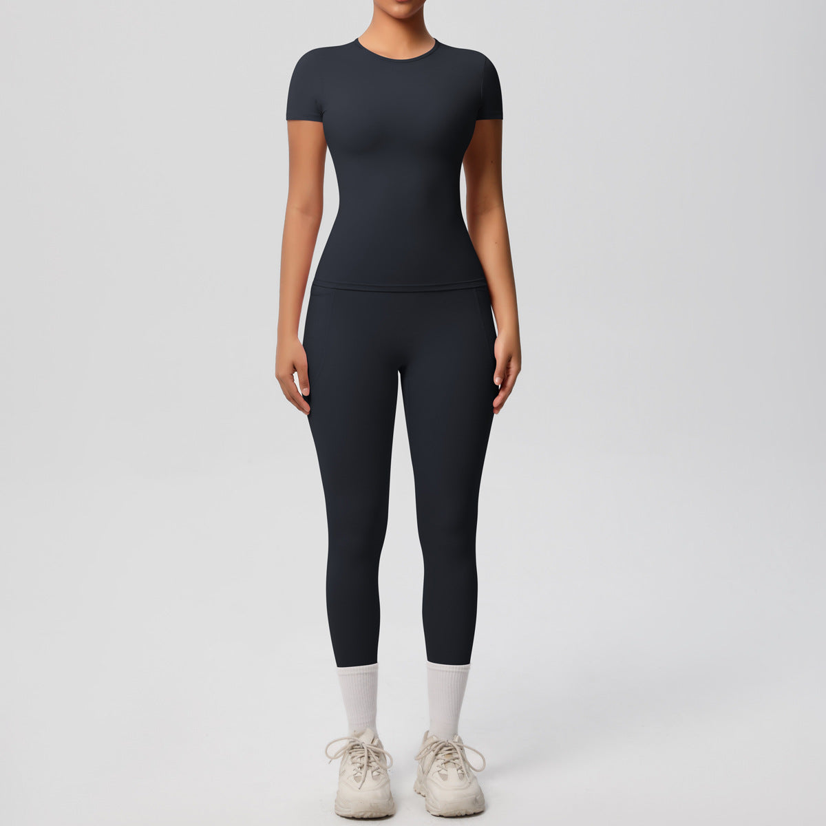 Yoga Dungarees Solid Color Short Sleeve Skin Friendly Breathable Tight Sports Short Sleeve Slimming Fitness Set Women - ALTARIA