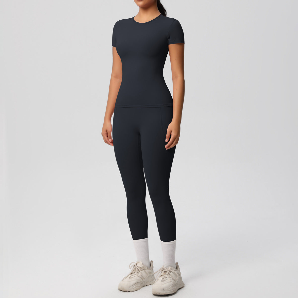 Yoga Dungarees Solid Color Short Sleeve Skin Friendly Breathable Tight Sports Short Sleeve Slimming Fitness Set Women - ALTARIA