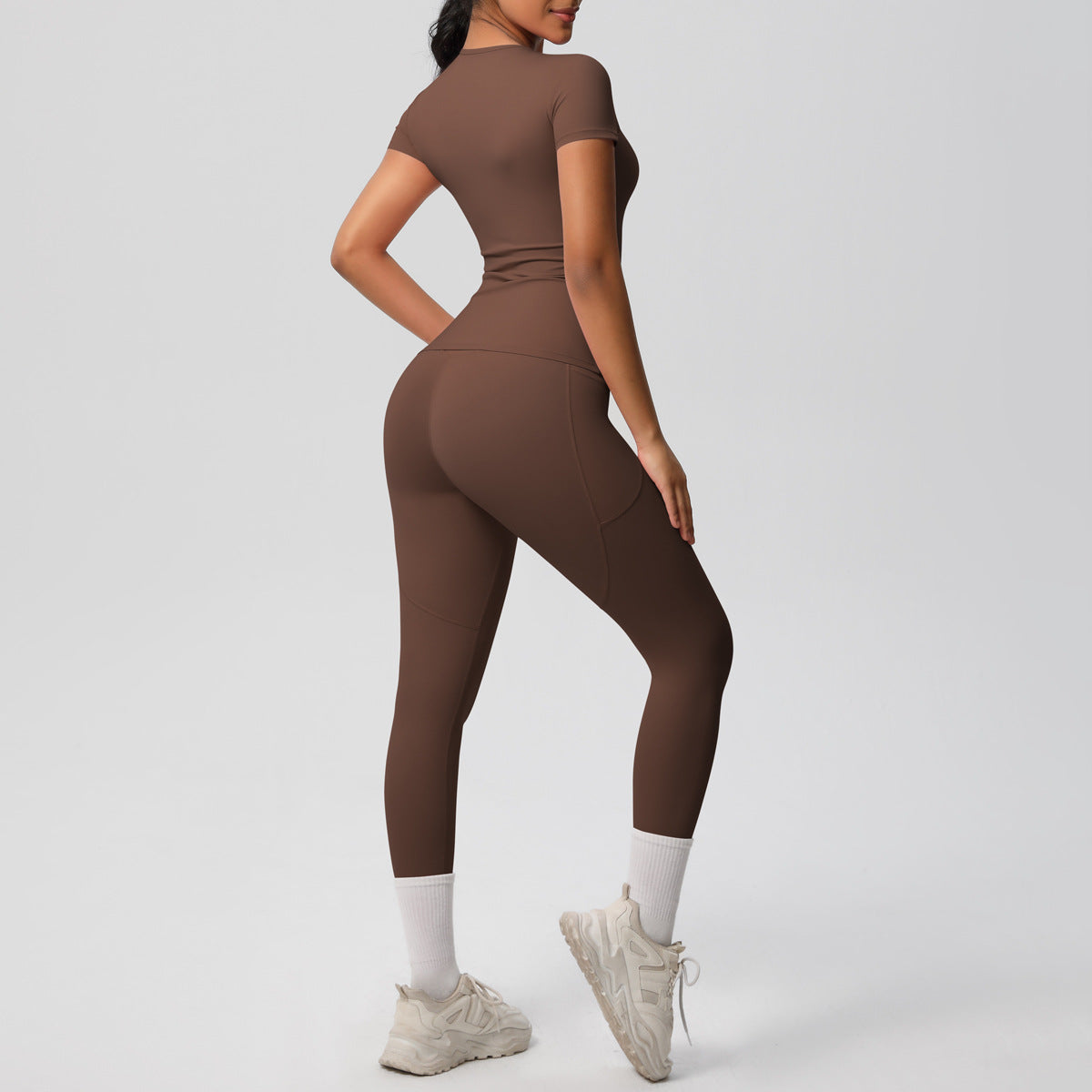 Yoga Dungarees Solid Color Short Sleeve Skin Friendly Breathable Tight Sports Short Sleeve Slimming Fitness Set Women - ALTARIA