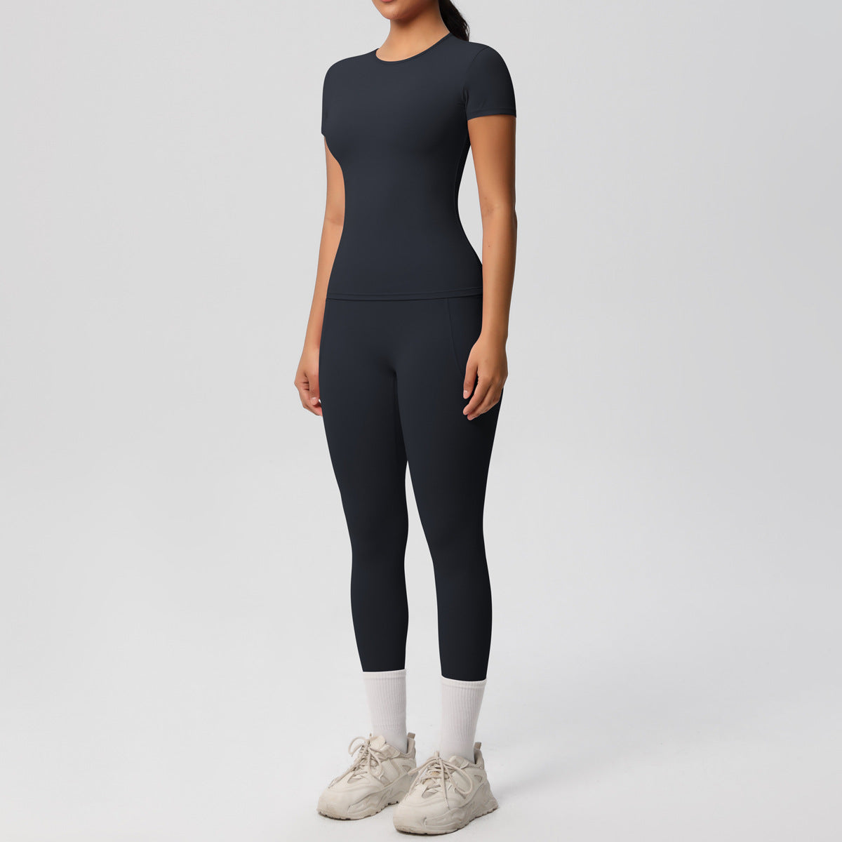 Yoga Dungarees Solid Color Short Sleeve Skin Friendly Breathable Tight Sports Short Sleeve Slimming Fitness Set Women - ALTARIA