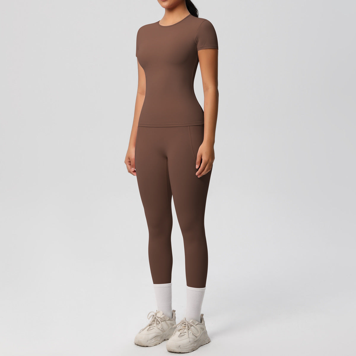 Yoga Dungarees Solid Color Short Sleeve Skin Friendly Breathable Tight Sports Short Sleeve Slimming Fitness Set Women - ALTARIA