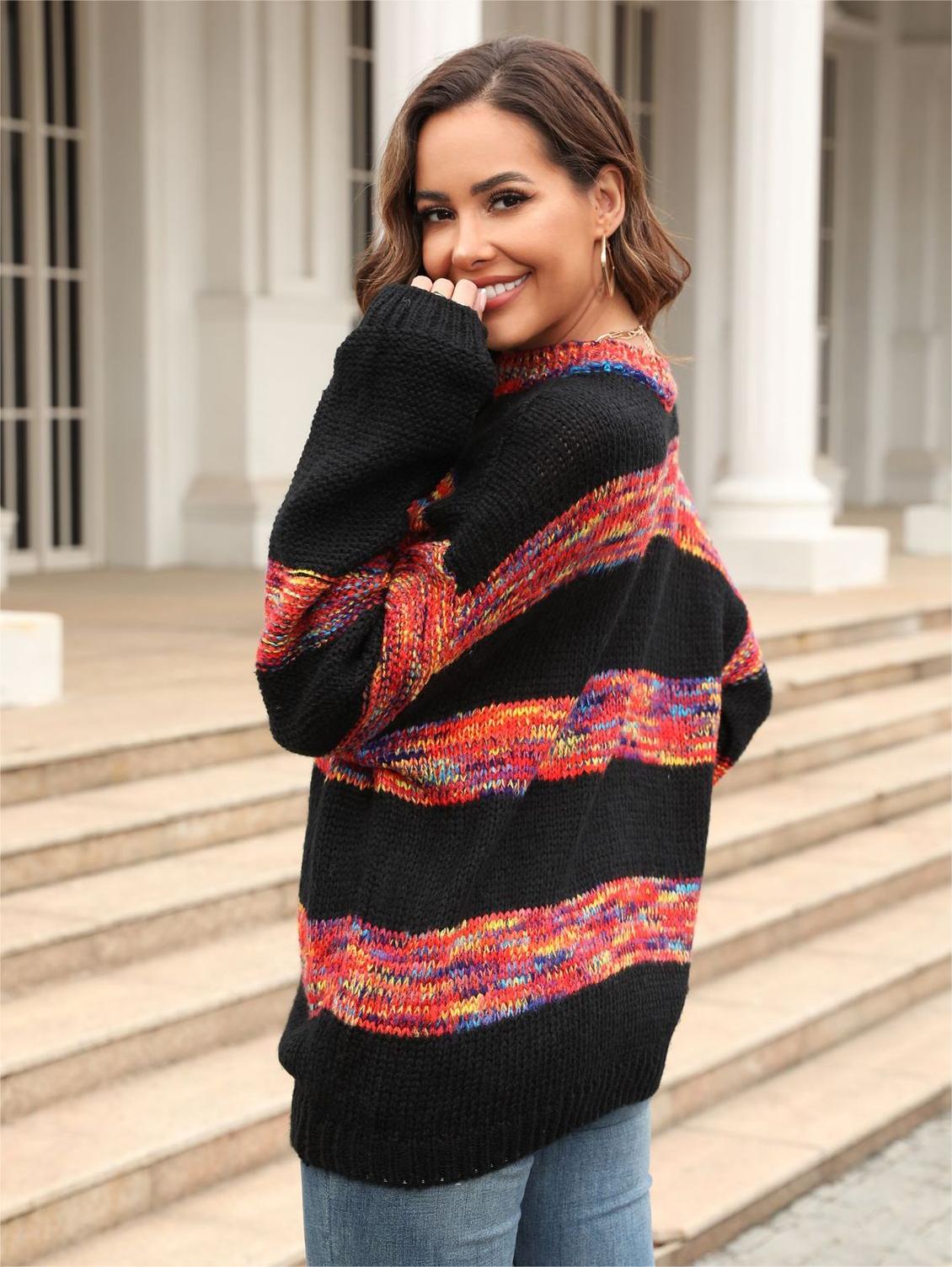 Autumn Winter Women Clothing Sweater Loose round Neck Splicing Knitwear Pullover Sweater - ALTARIA