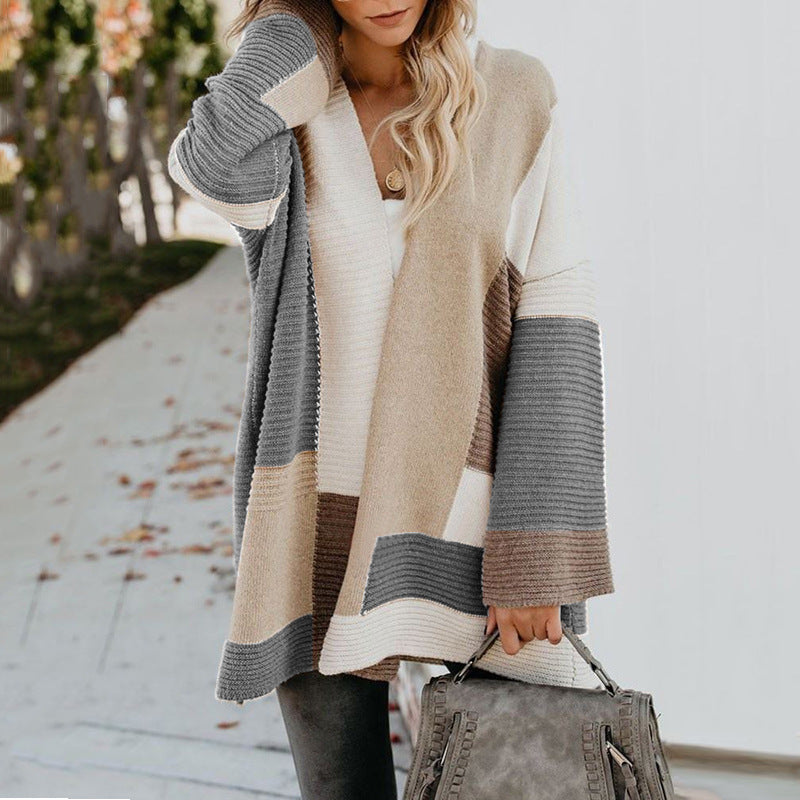 Autumn Winter Sweater Women Plus Size Loose Geometric Abstract Color Matching Sweater Cardigan Jumpers - ALTARIA