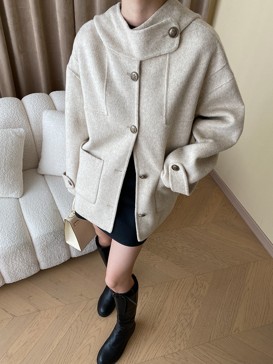 French Light Mid Ancient Design Cape Hooded Double Faced Woolen Goods Wool Overcoat Small Coat - ALTARIA
