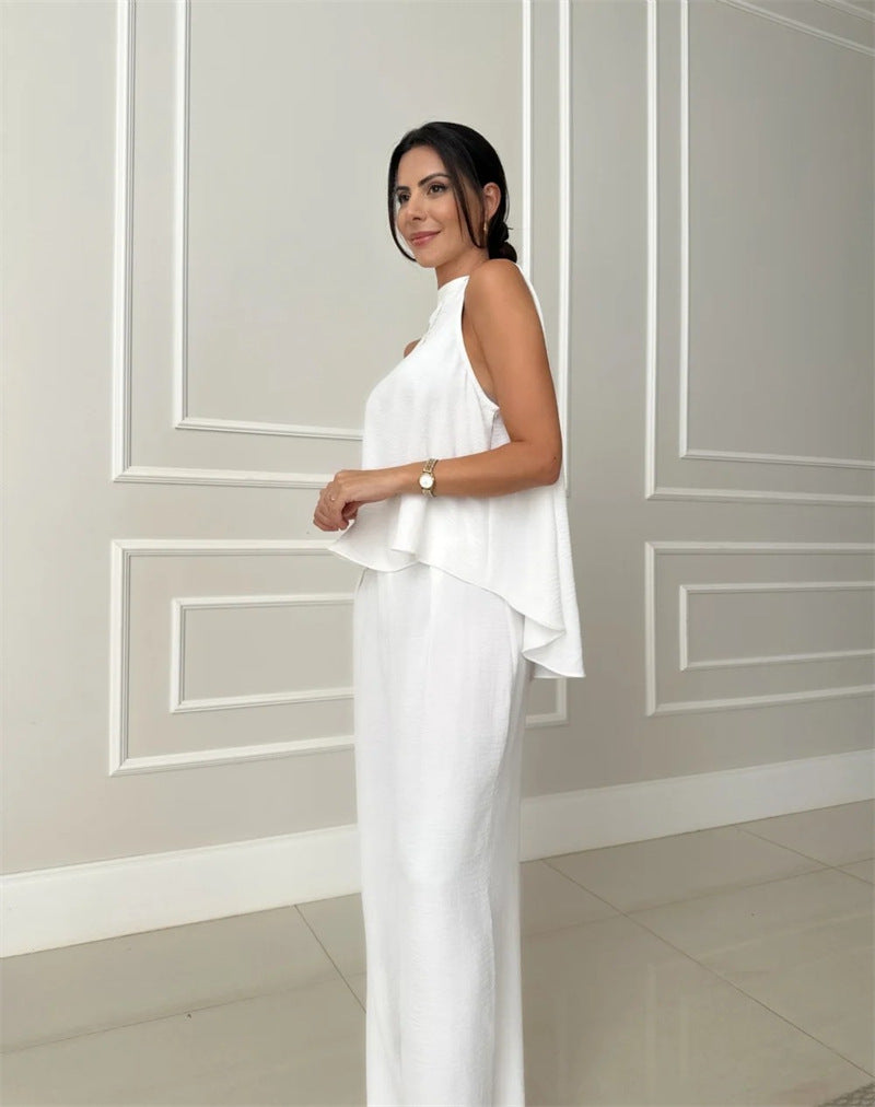 Women Clothing Loose Sleeveless Top Wide Leg Casual Pants Solid Color Two Piece Sets - ALTARIA