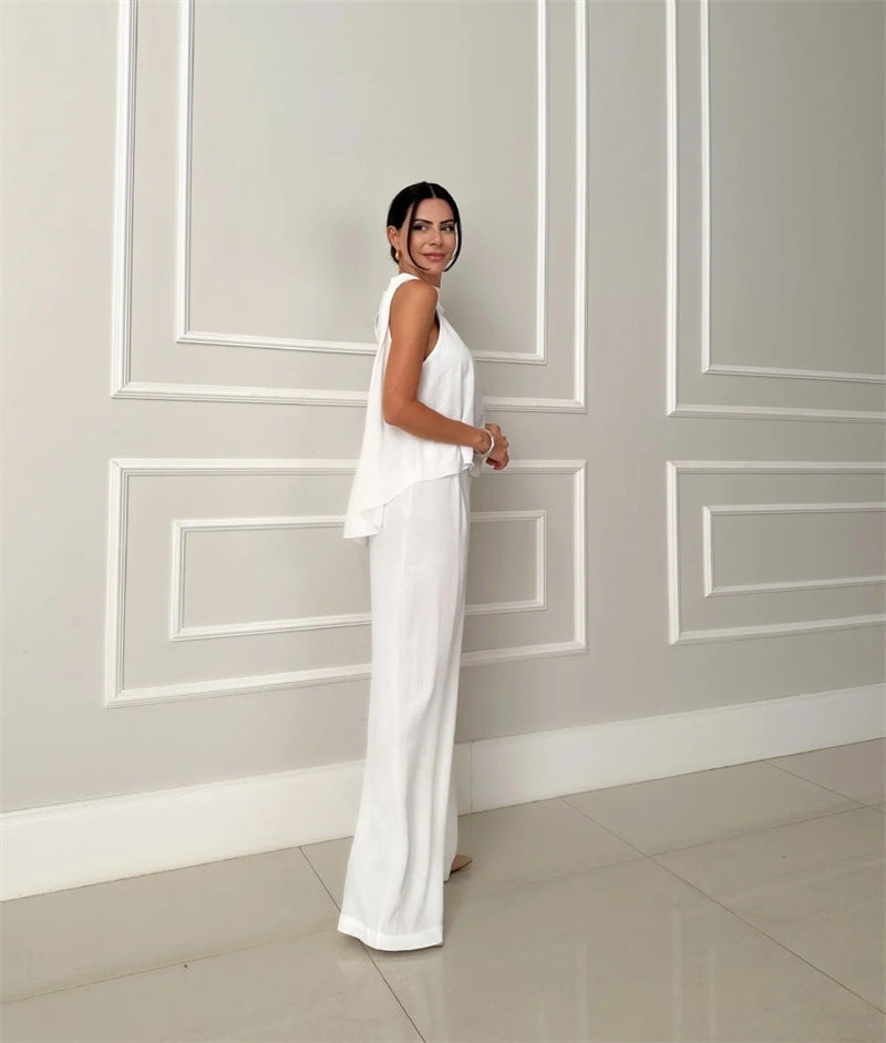 Women Clothing Loose Sleeveless Top Wide Leg Casual Pants Solid Color Two Piece Sets - ALTARIA